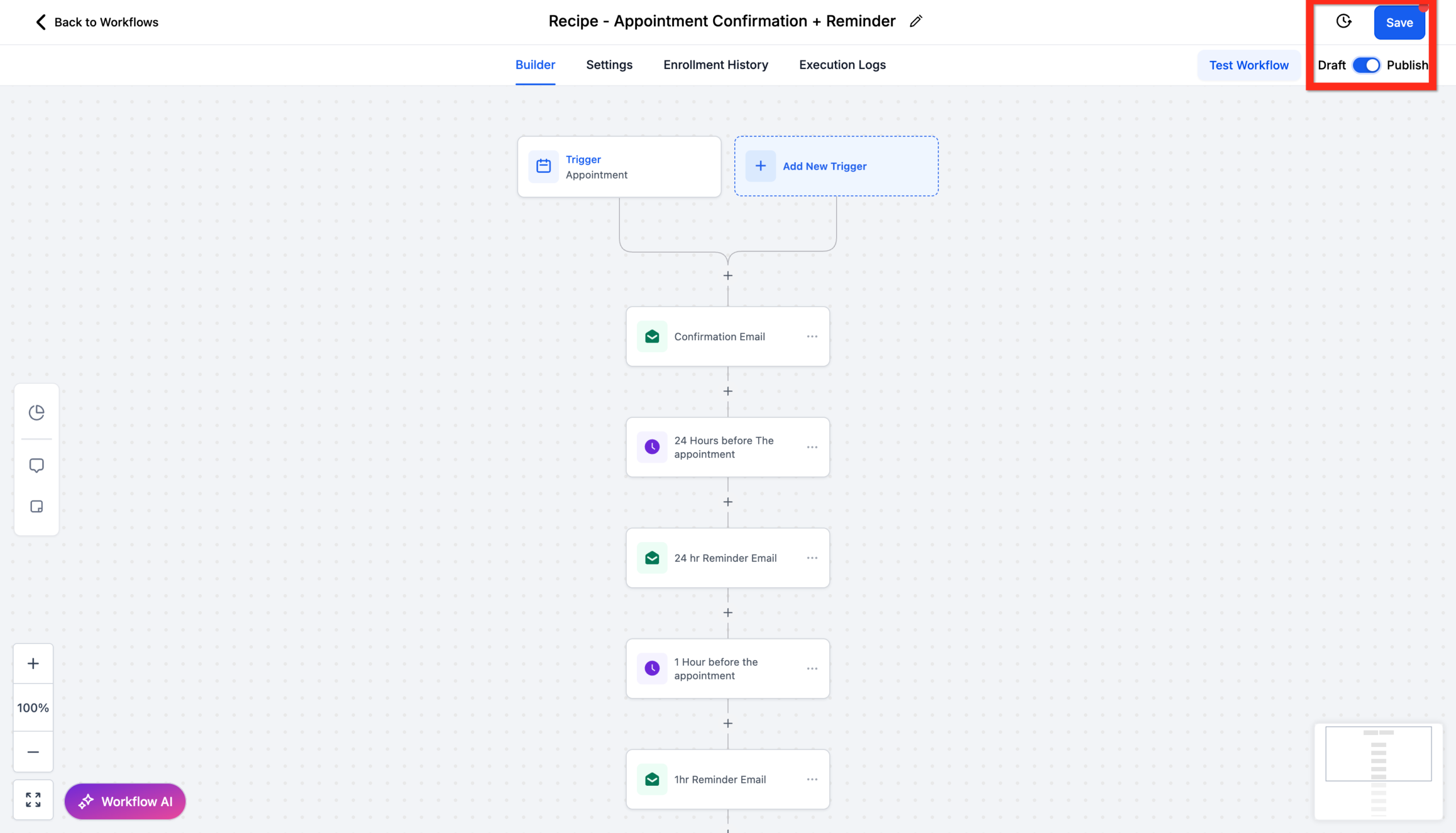Screenshot of a HighLevel workflow, indicating the 'Publish' toggle and 'Save' button to activate the automated appointment confirmation and reminder sequence.