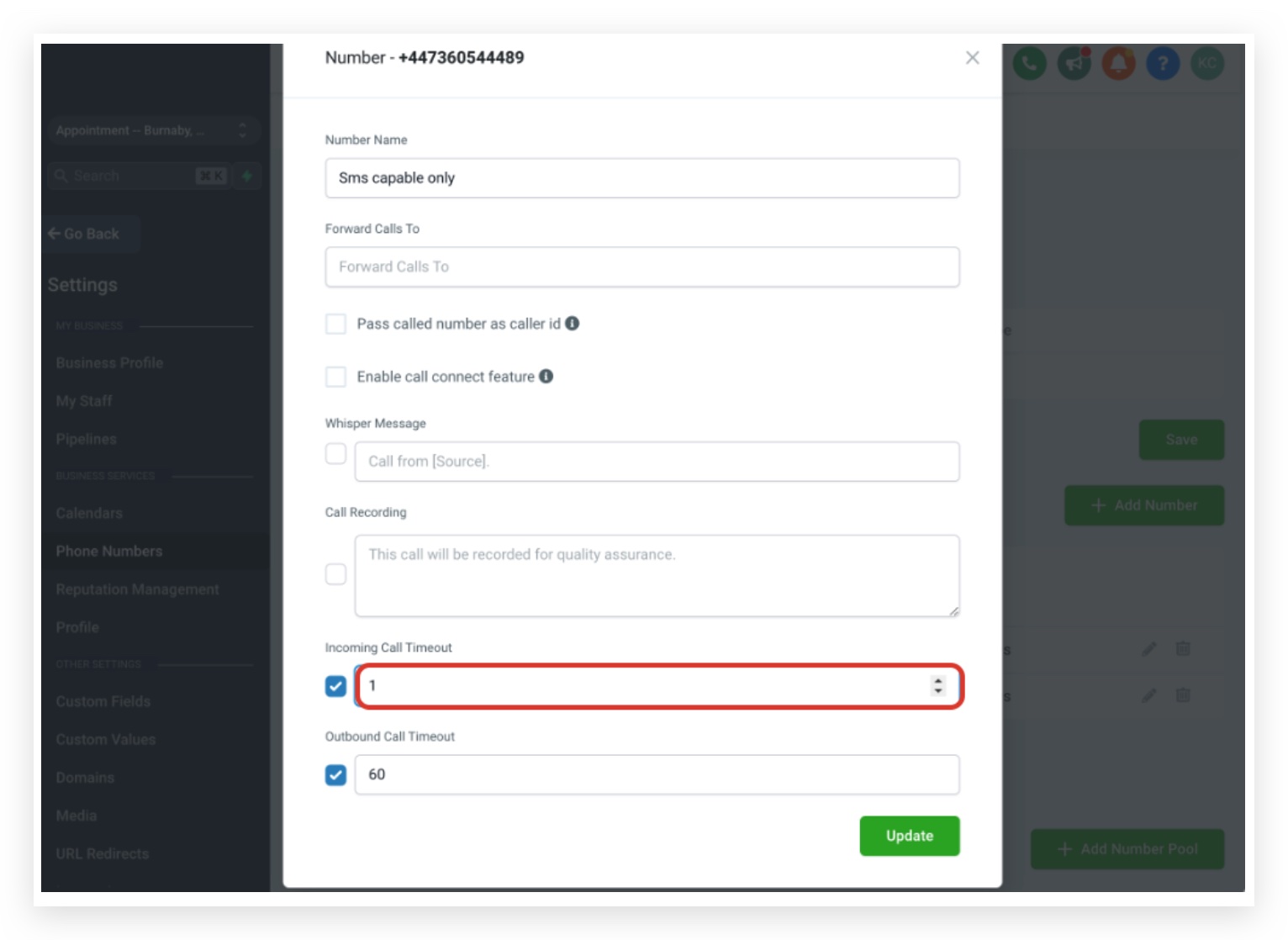 Screenshot showing GoHighLevel user settings for Call & Voicemail, indicating options for inbound calling on the mobile app.