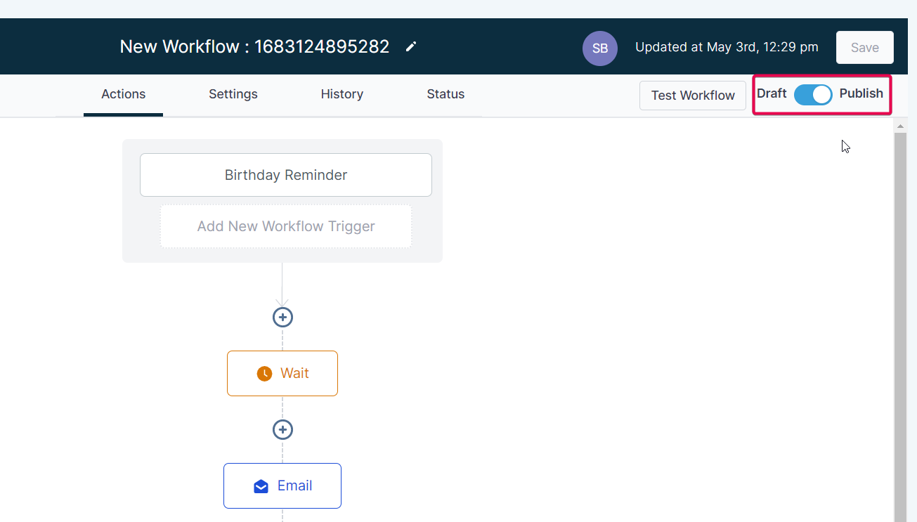 Screenshot showing the GoHighLevel workflow builder with the 'Save' and 'Publish' options highlighted at the top right.