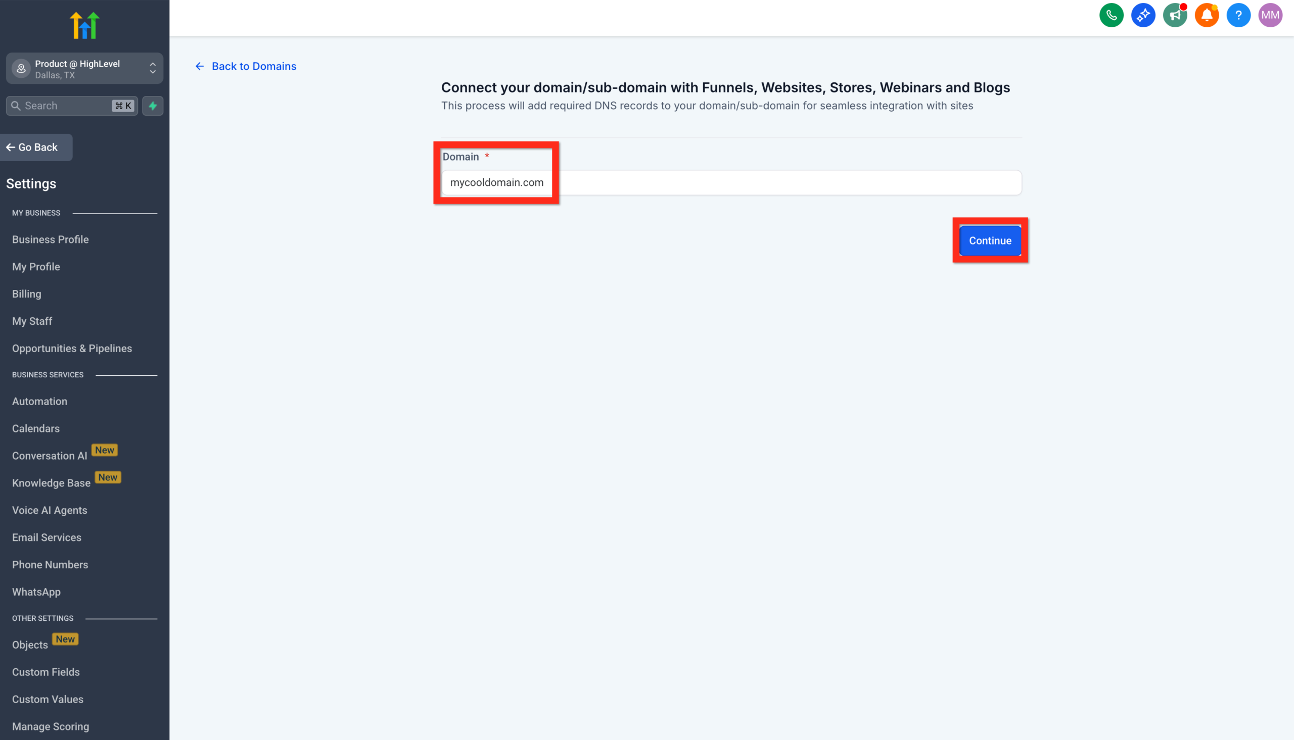 Confirm Domain Input