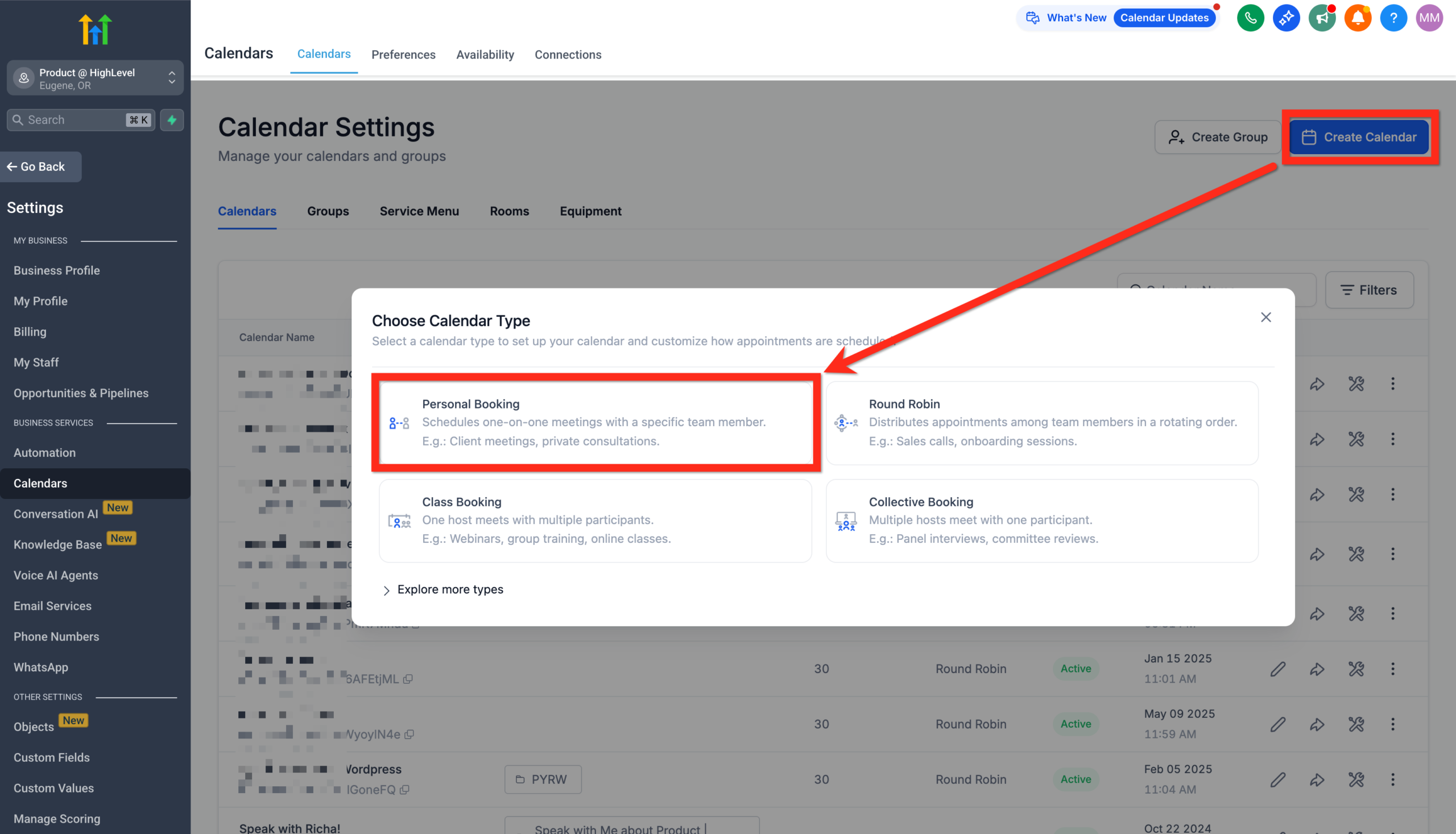 Screenshot of HighLevel calendar creation interface, highlighting the 'Personal Booking' calendar type selection for one-on-one meetings.