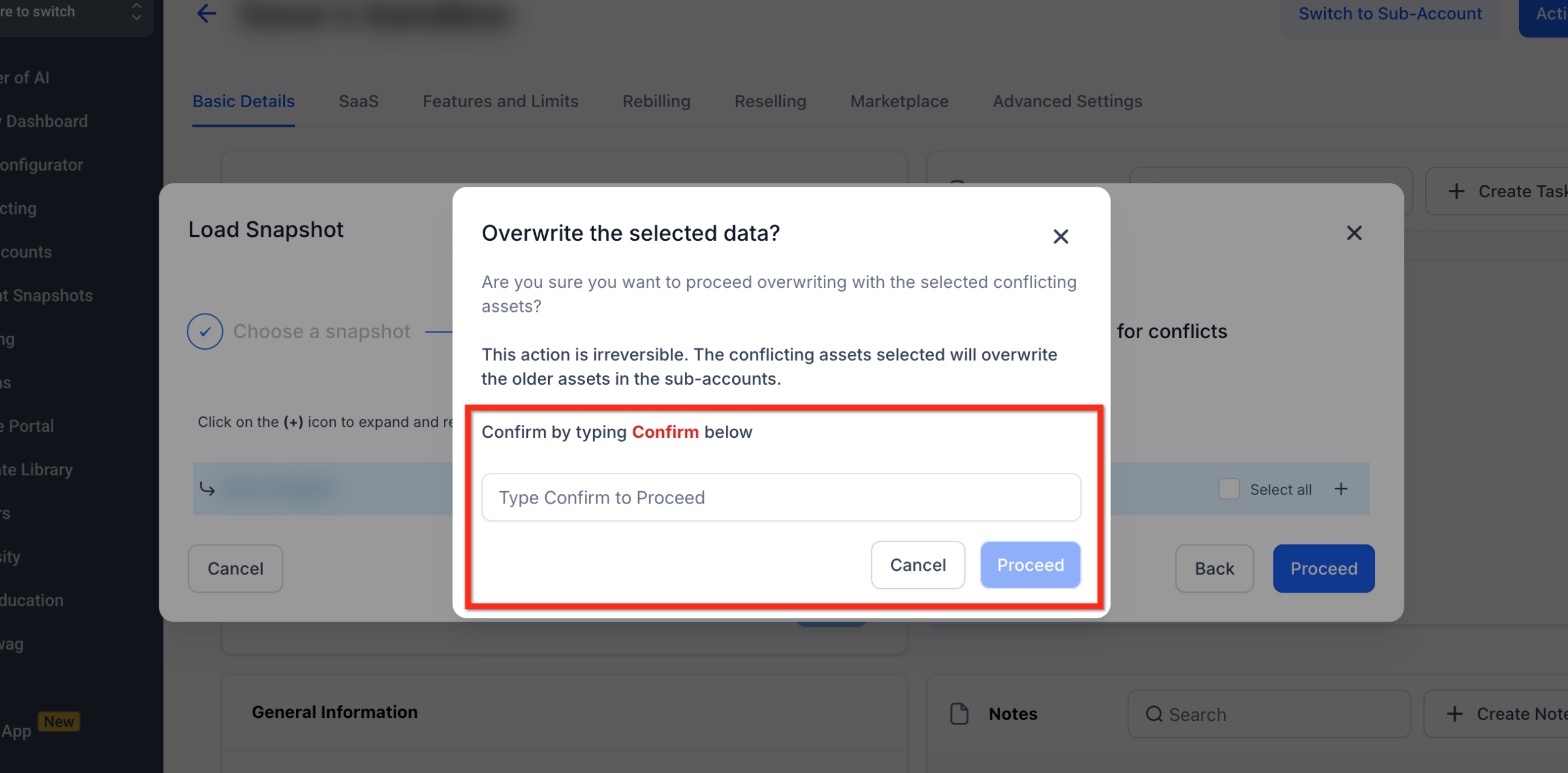 Screenshot of the GoHighLevel 'Confirm Import' modal, requiring the user to type 'confirm' to finalize the snapshot loading process into a sub-account, followed by a success notification.