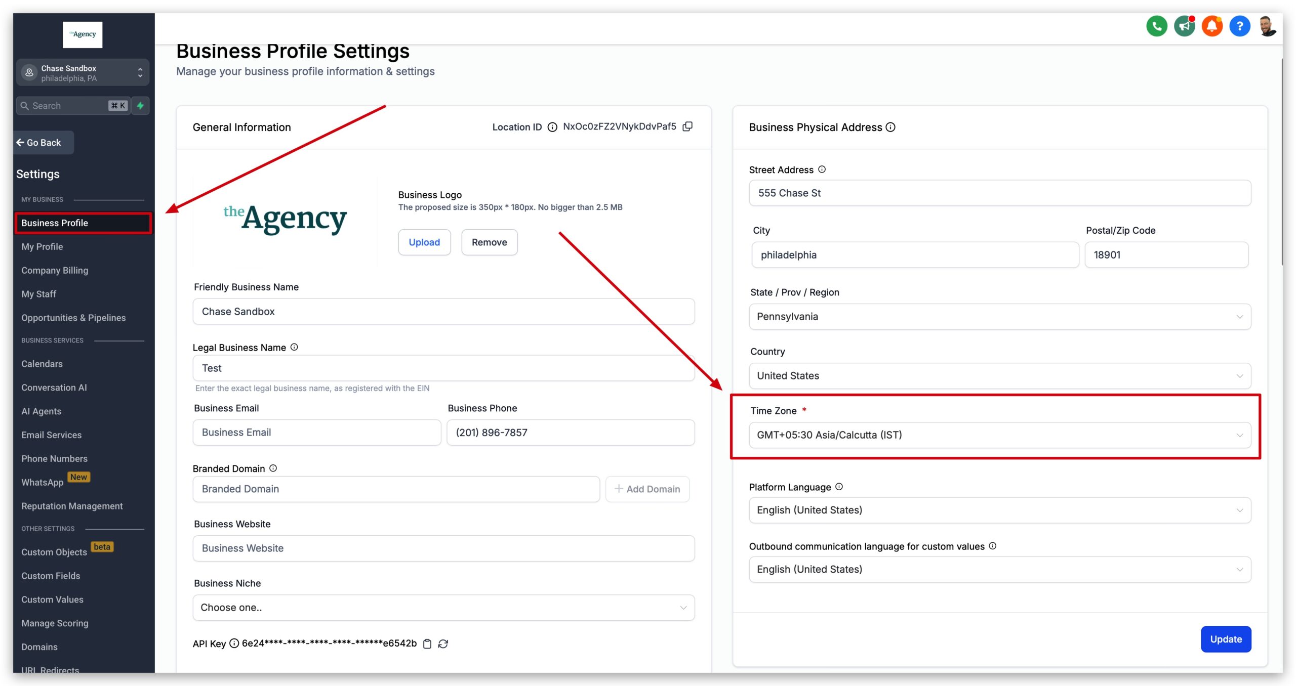 Set Business Timezone Screenshot displaying the 'Time Zone' field under 'Business Physical Address' in GoHighLevel's Settings > Business Profile.