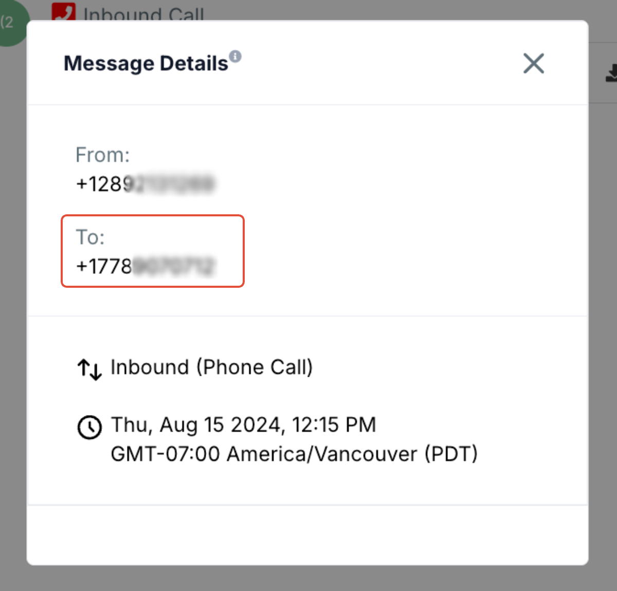 Screenshot highlighting the 'To' field in GoHighLevel call details, indicating the specific phone number the contact called.