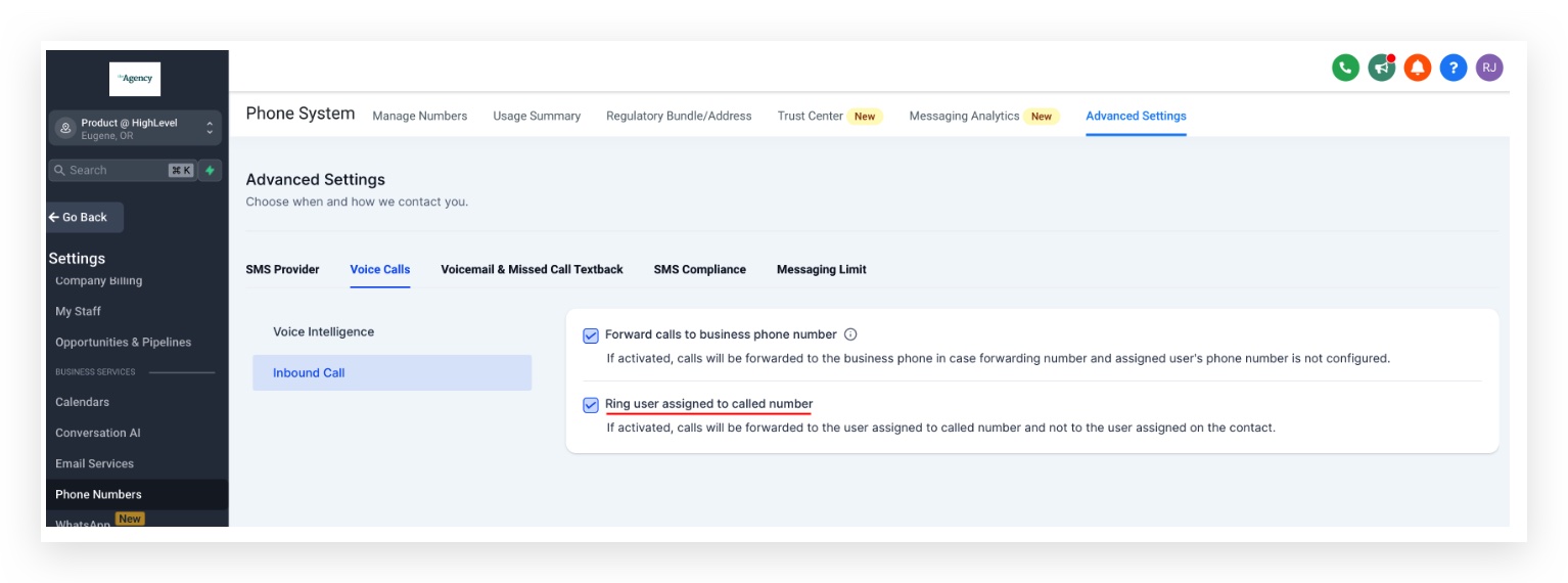 Screenshot showing the 'Ring user assigned to called number' checkbox within GoHighLevel Phone Numbers Advanced Settings for Inbound Call.
