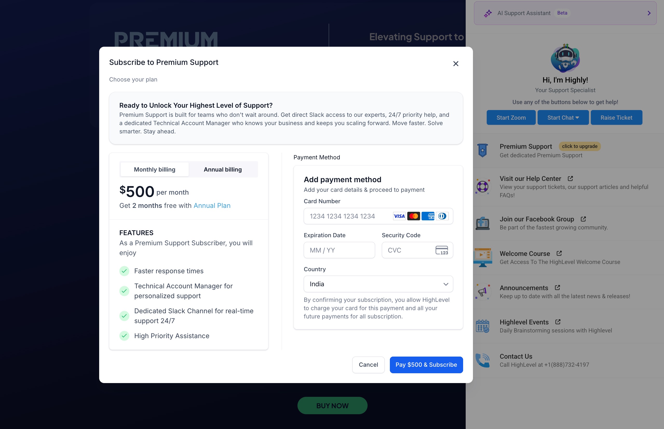 Confirm Payment and Subscribe Screenshot illustrating the payment method input fields and the 'Pay & Subscribe' button to finalize the Premium Support subscription.