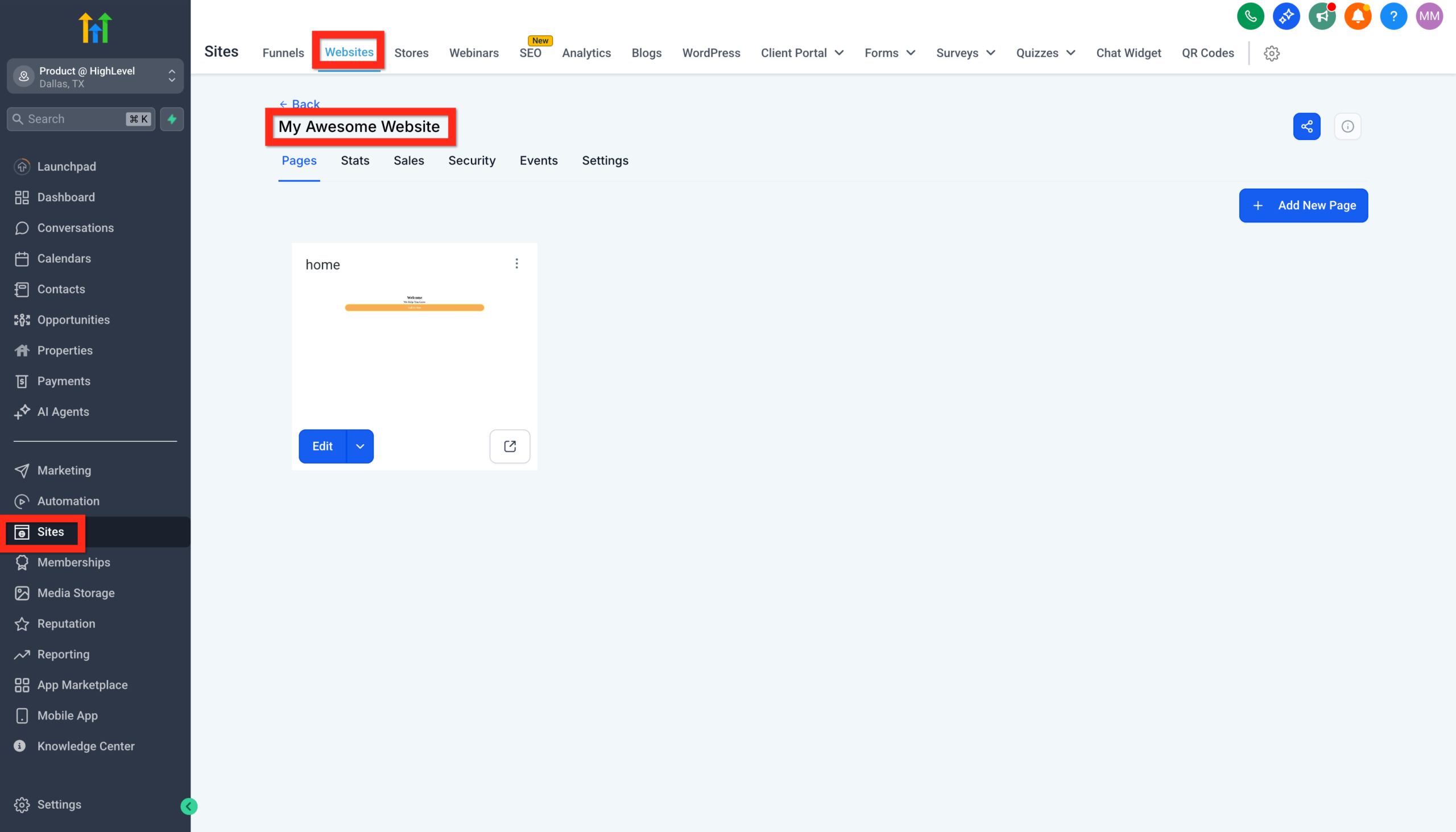GoHighLevel dashboard showing navigation to 'Sites' then 'Websites', with the 'Back' button highlighted in the page editor.