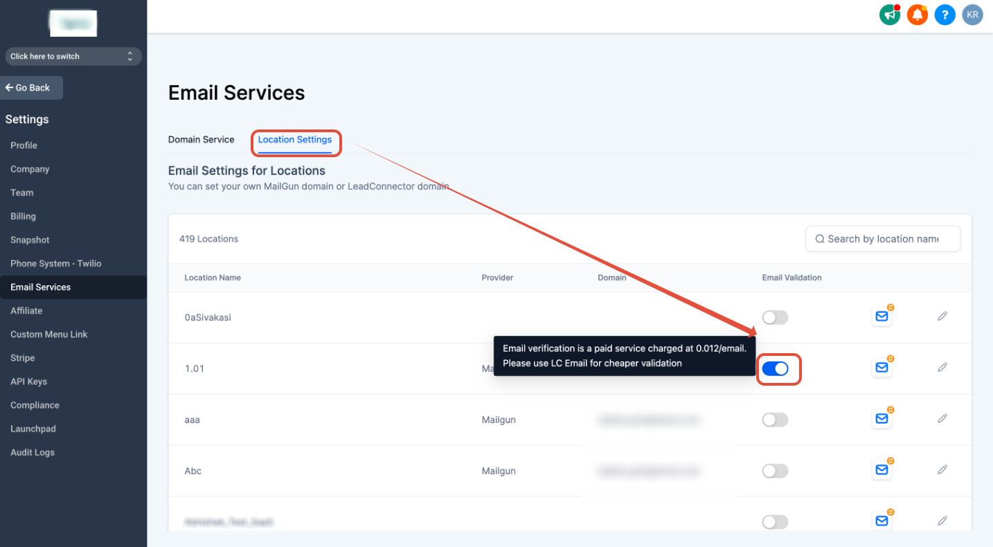 Screenshot showing the toggle to enable Email Verification for a sub-account within GoHighLevel Location Settings.