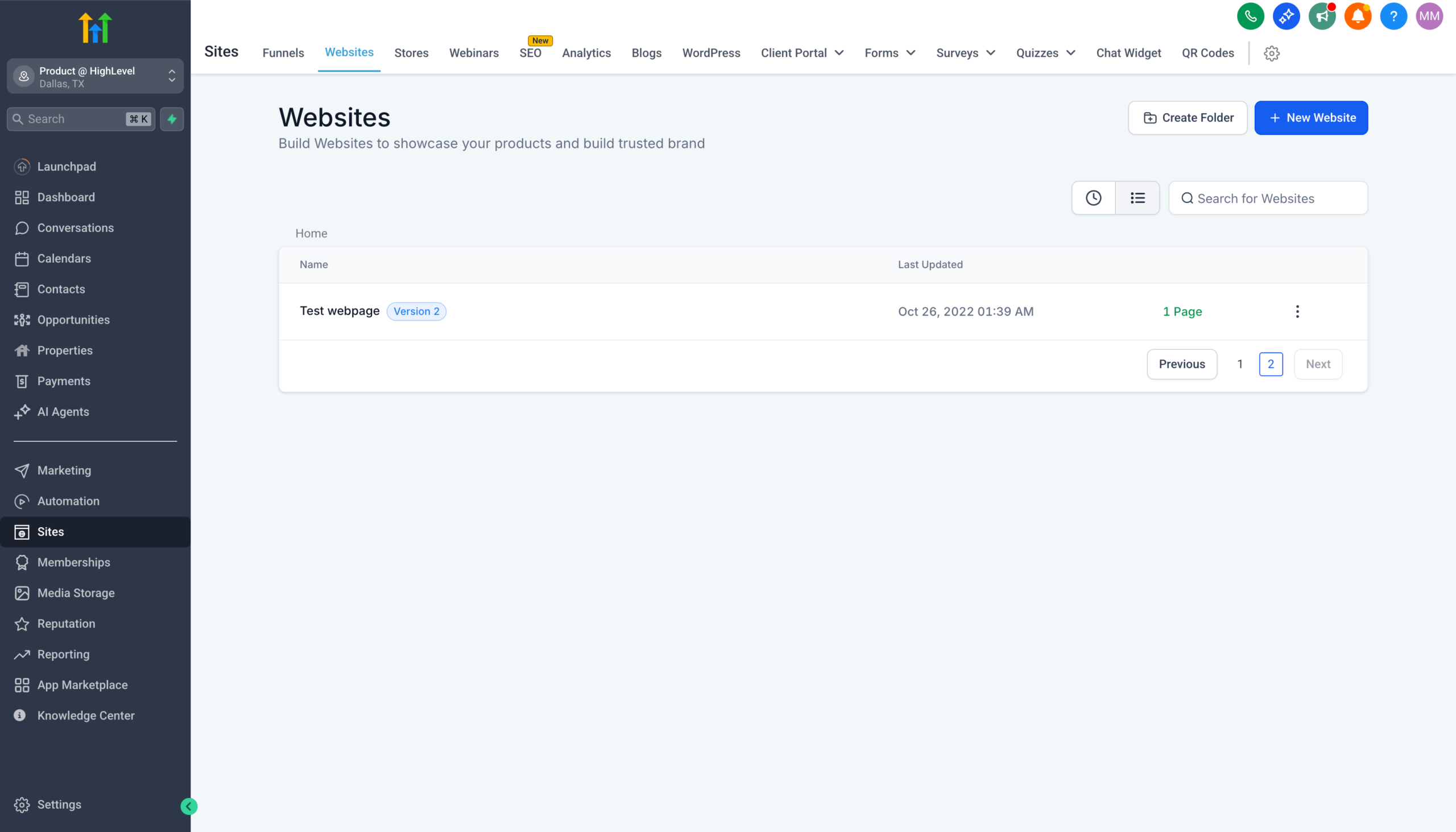 Screenshot of the GoHighLevel 'Sites' section, showing a website or funnel with the 'Settings' option highlighted.