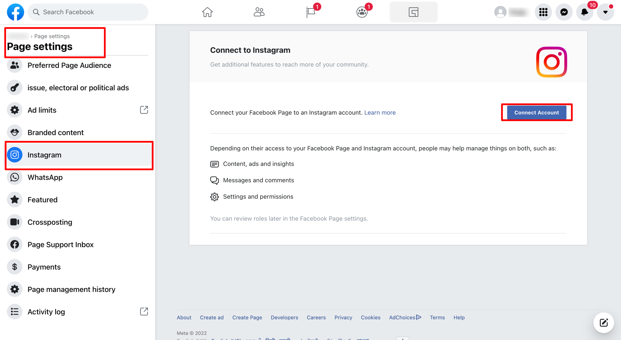 Screenshot illustrating the 'Connect' button next to Instagram within Facebook's Linked Accounts settings, prompting users to link their accounts.