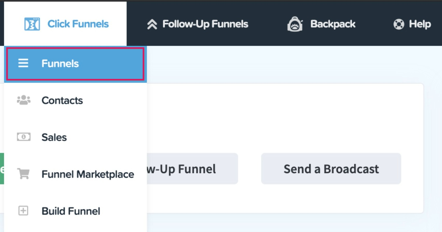 Screenshot of the Classic ClickFunnels navigation menu with various options like Funnels, Products, and Memberships highlighted.