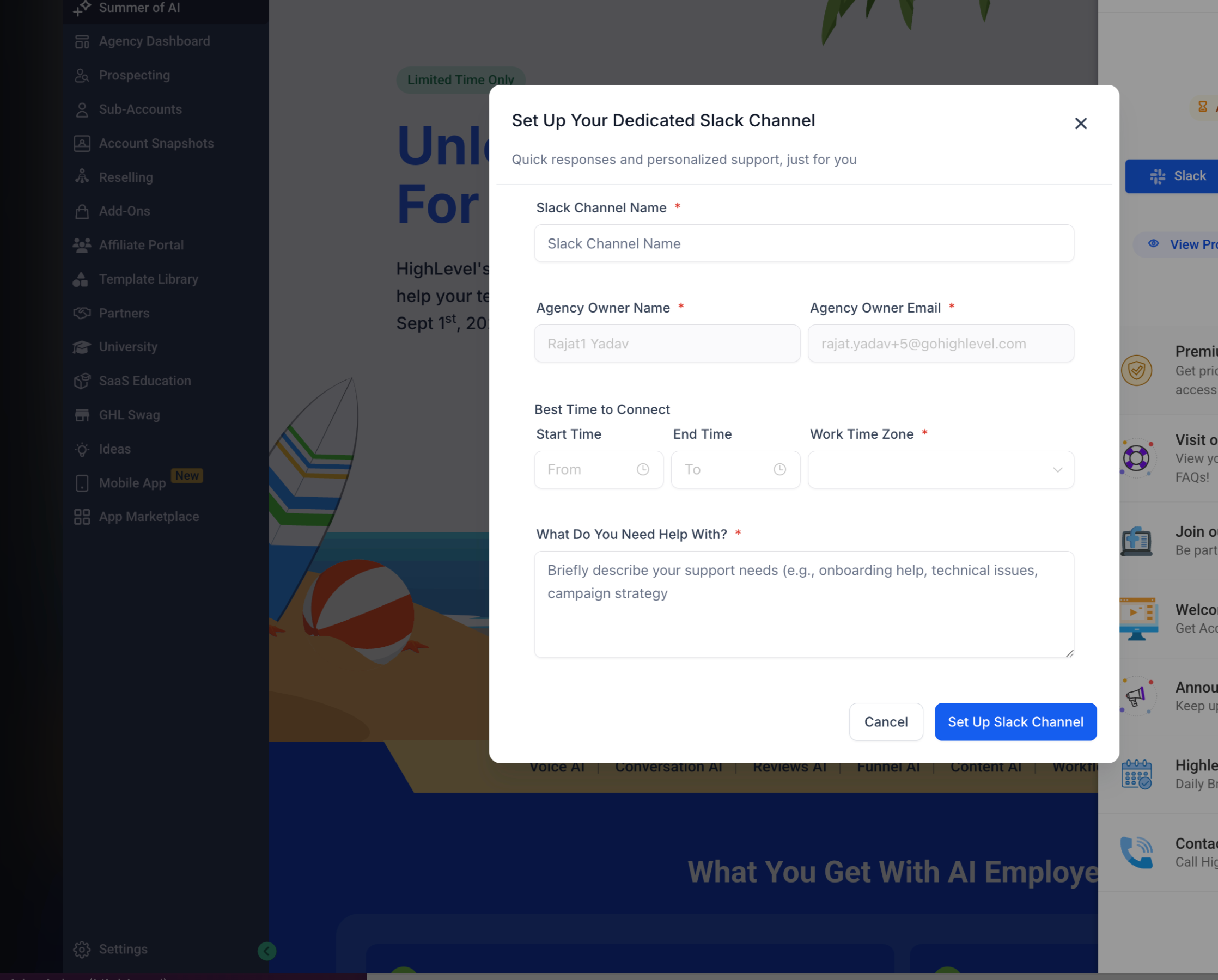 Slack Channel Setup Form Screenshot of the Slack channel setup form, including fields for channel name, preferred connection time, time zone, and general comments.
