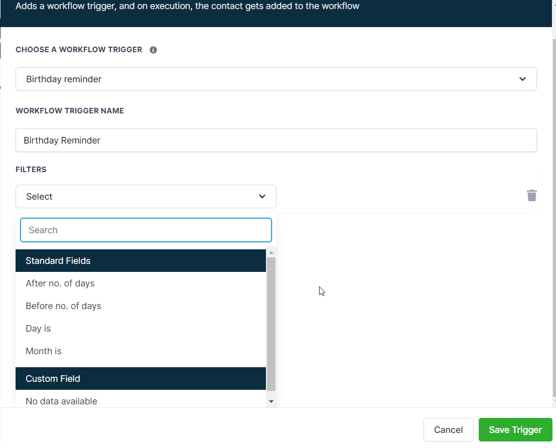 Screenshot showing configuration options for the GoHighLevel Birthday Reminder trigger, including days before/after and filter settings.