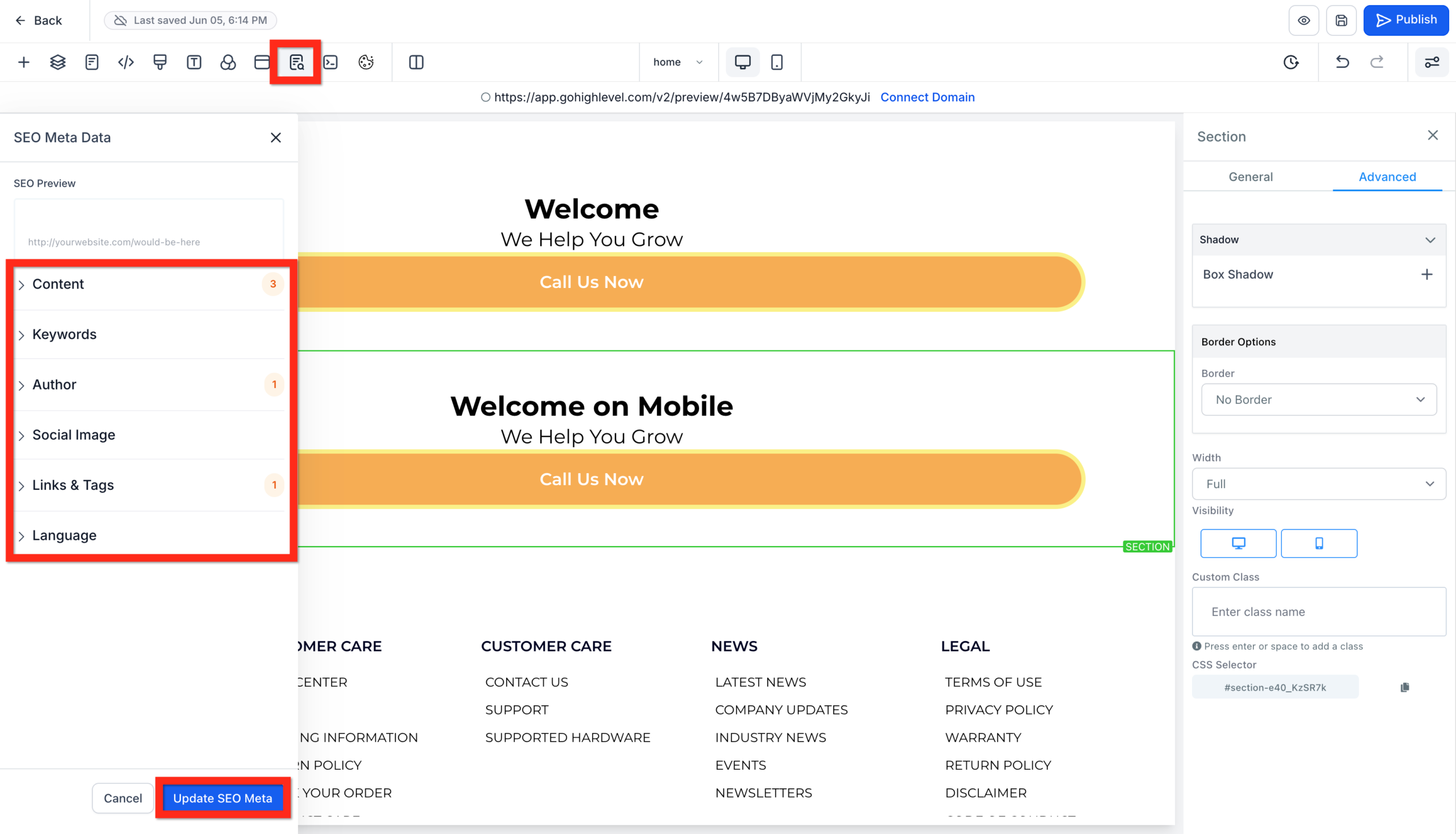 GoHighLevel website builder's SEO Meta Data panel, showing fields for page title, meta description, and URL slug.