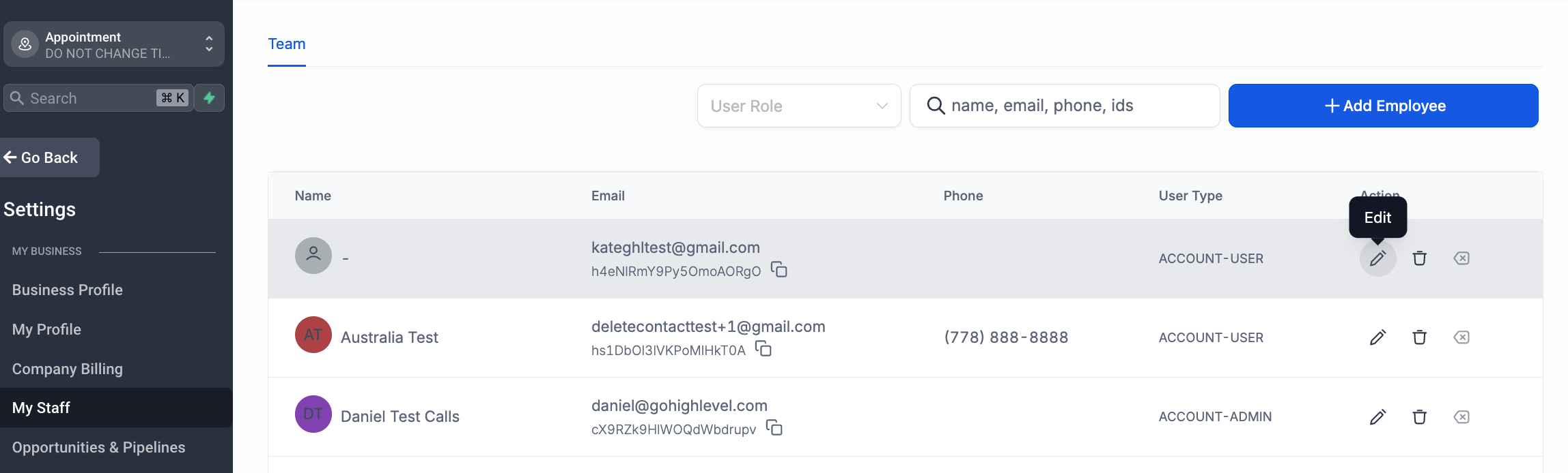 Screenshot showing the 'My Staff' section and the 'Edit' button next to a user profile in GoHighLevel.