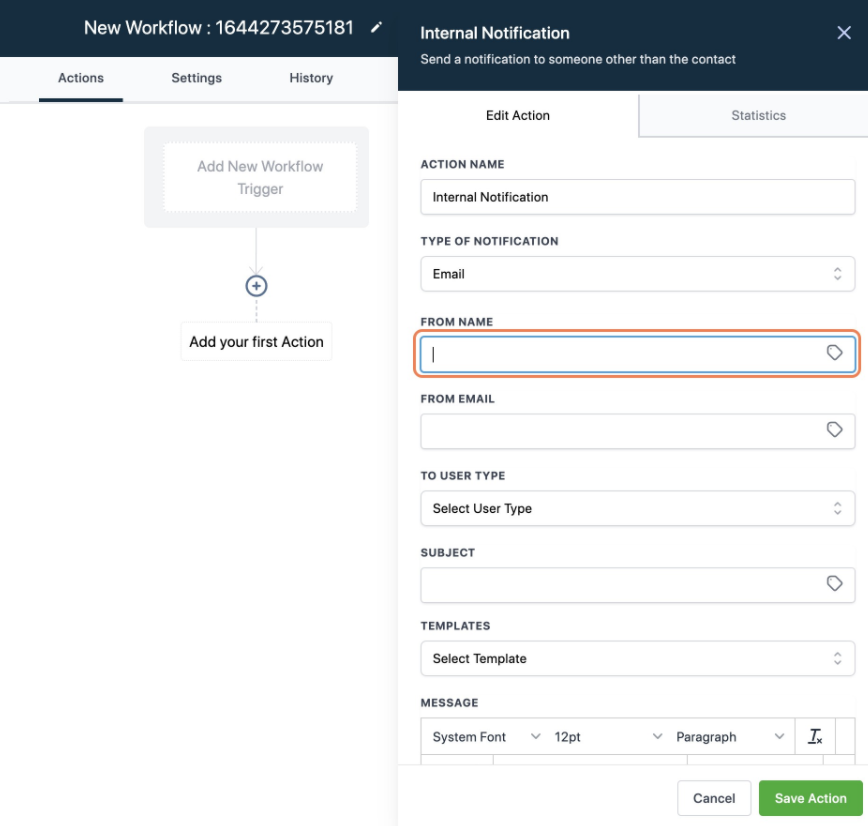 Configuration panel for a GoHighLevel internal email notification, showing fields for 'To', 'Subject', and 'Message'.