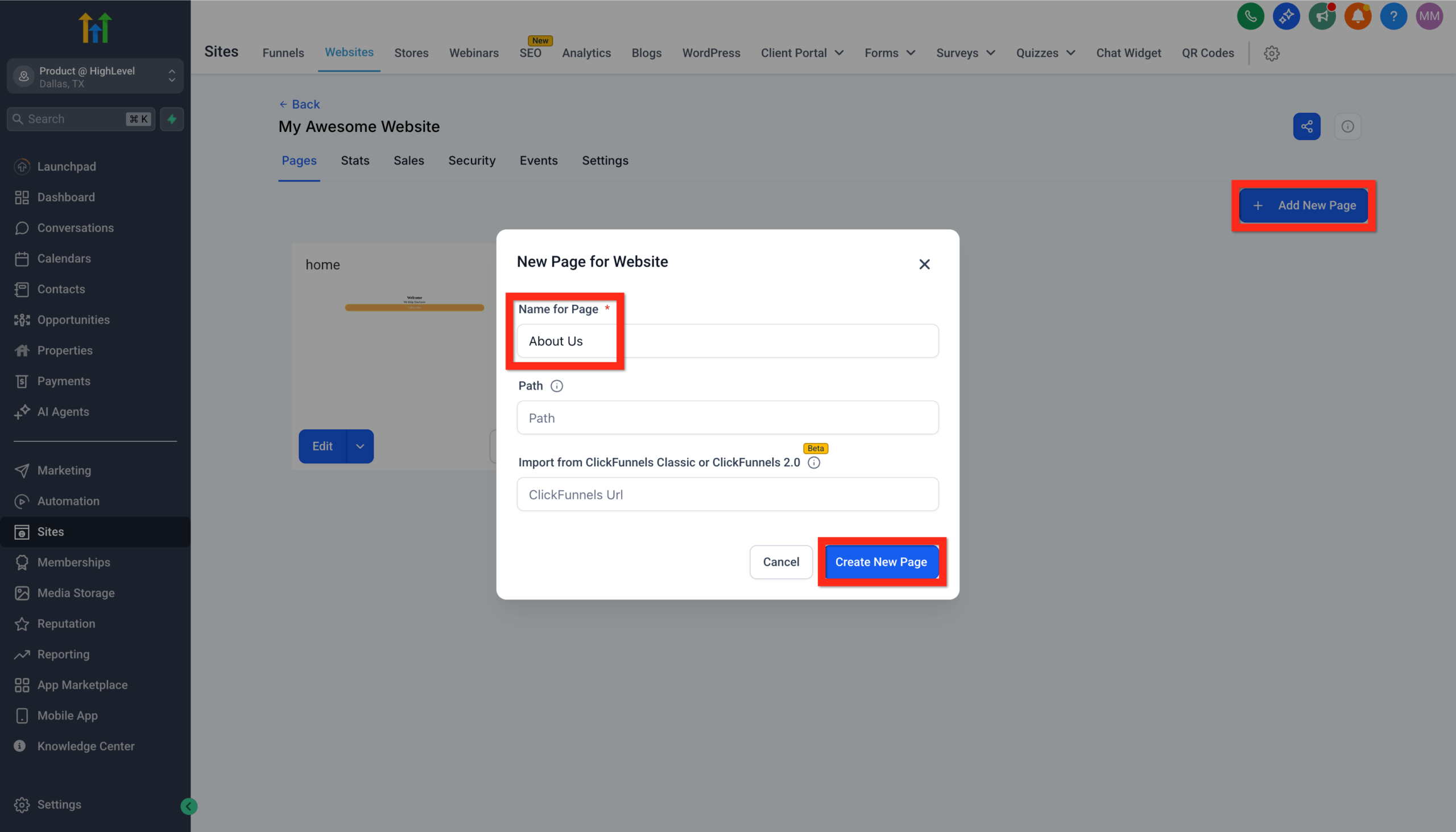 GoHighLevel website pages view, showing the 'Add New Page' button, a field to name the page 'About Us', and the 'Create New Page' button.