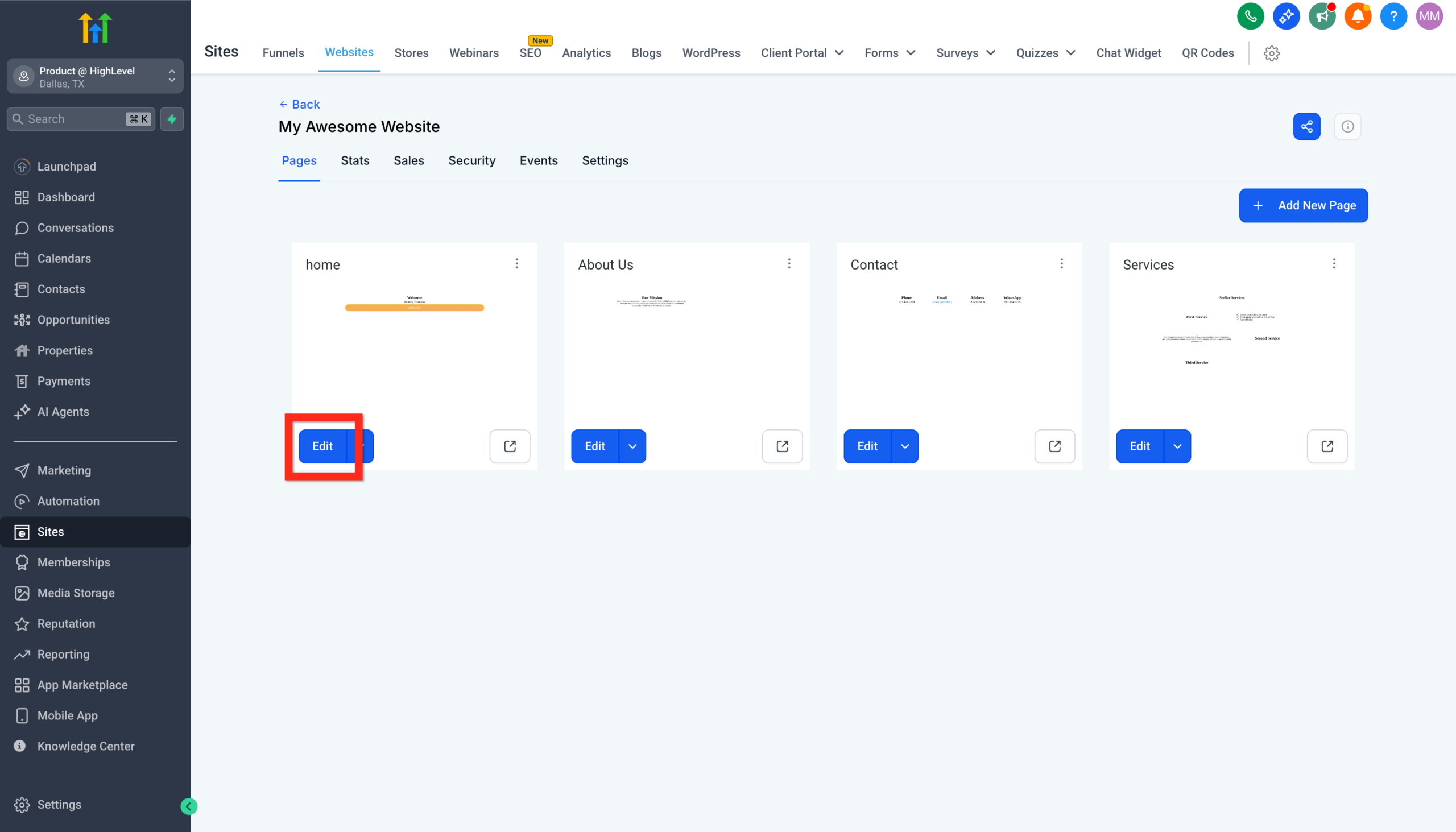GoHighLevel website pages list, highlighting the 'Edit' button on the 'Home' page card to open the page builder.