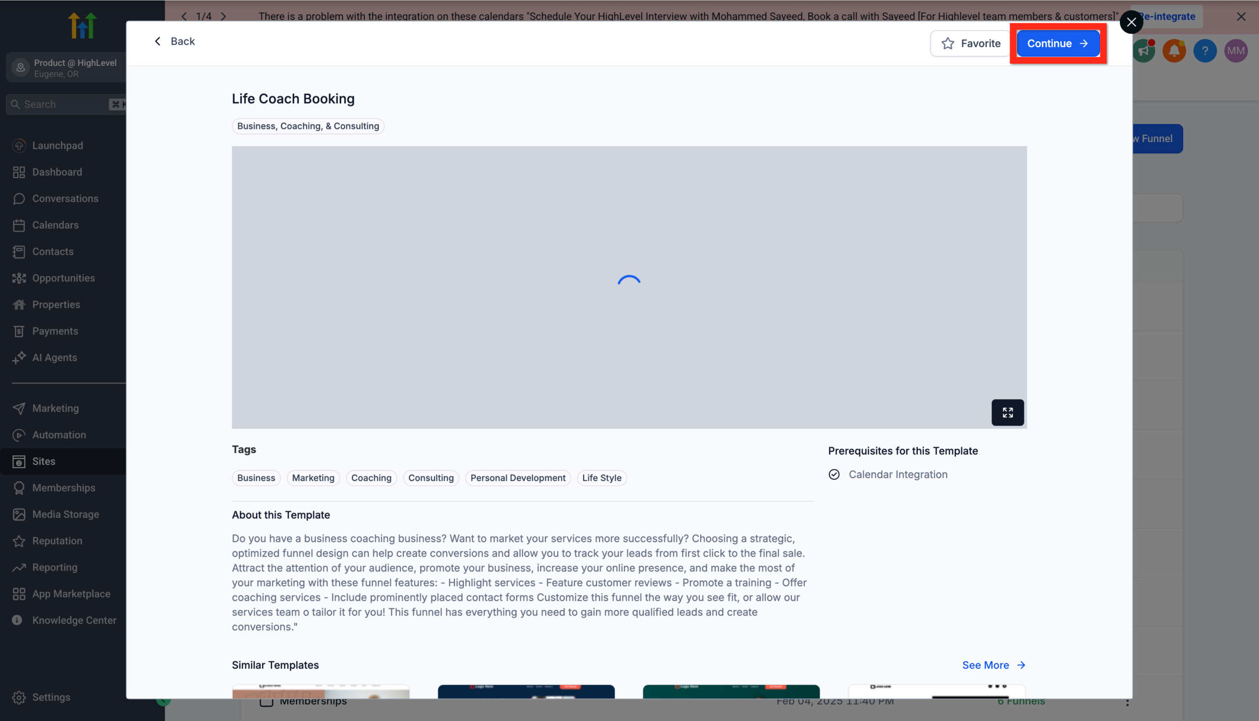 Screenshot showing the preview of a selected funnel template before customization in <a href=