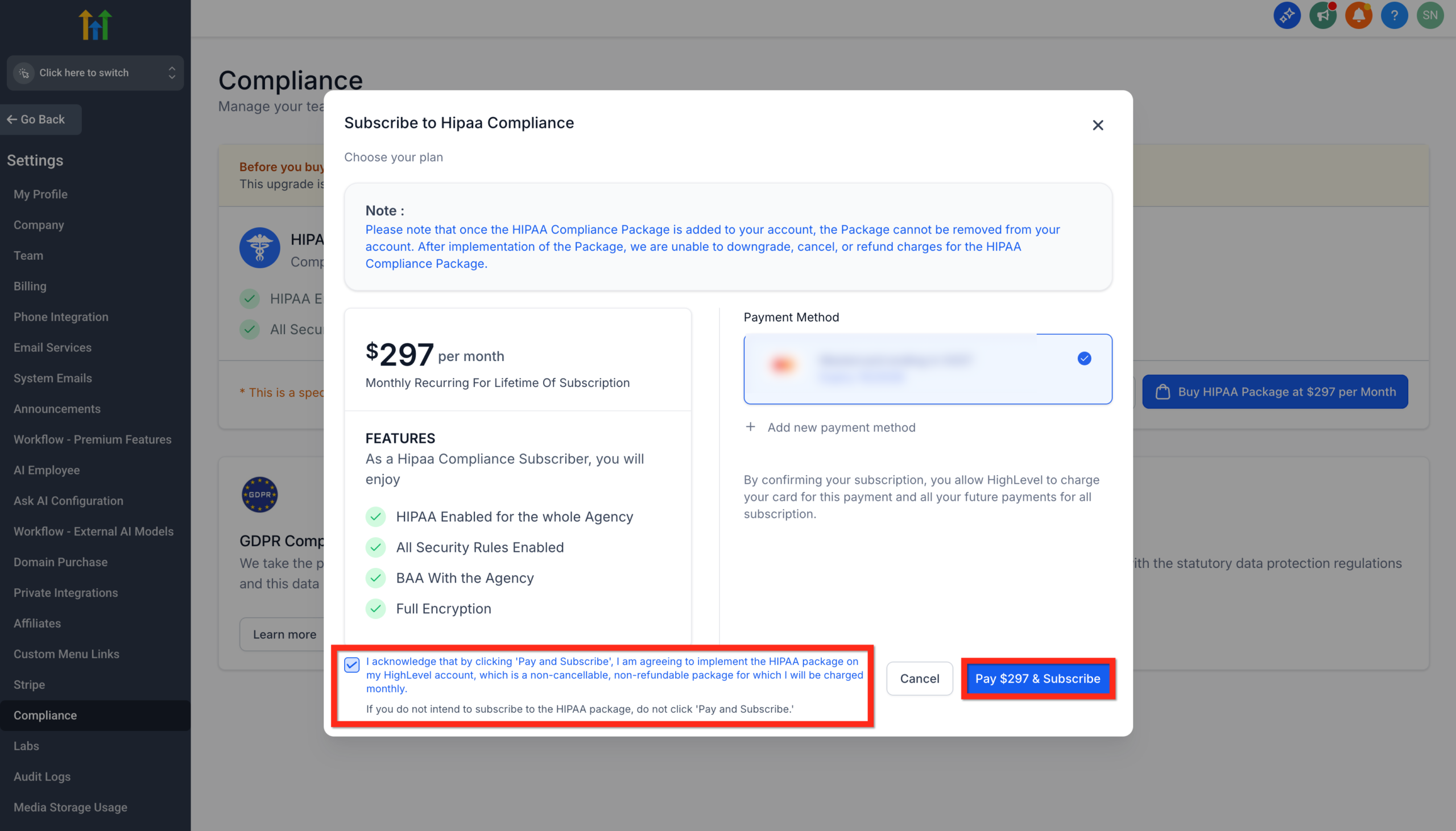 Screenshot showing the 'Acknowledgement Box' checked and the 'Pay $297 & Subscribe' button enabled.