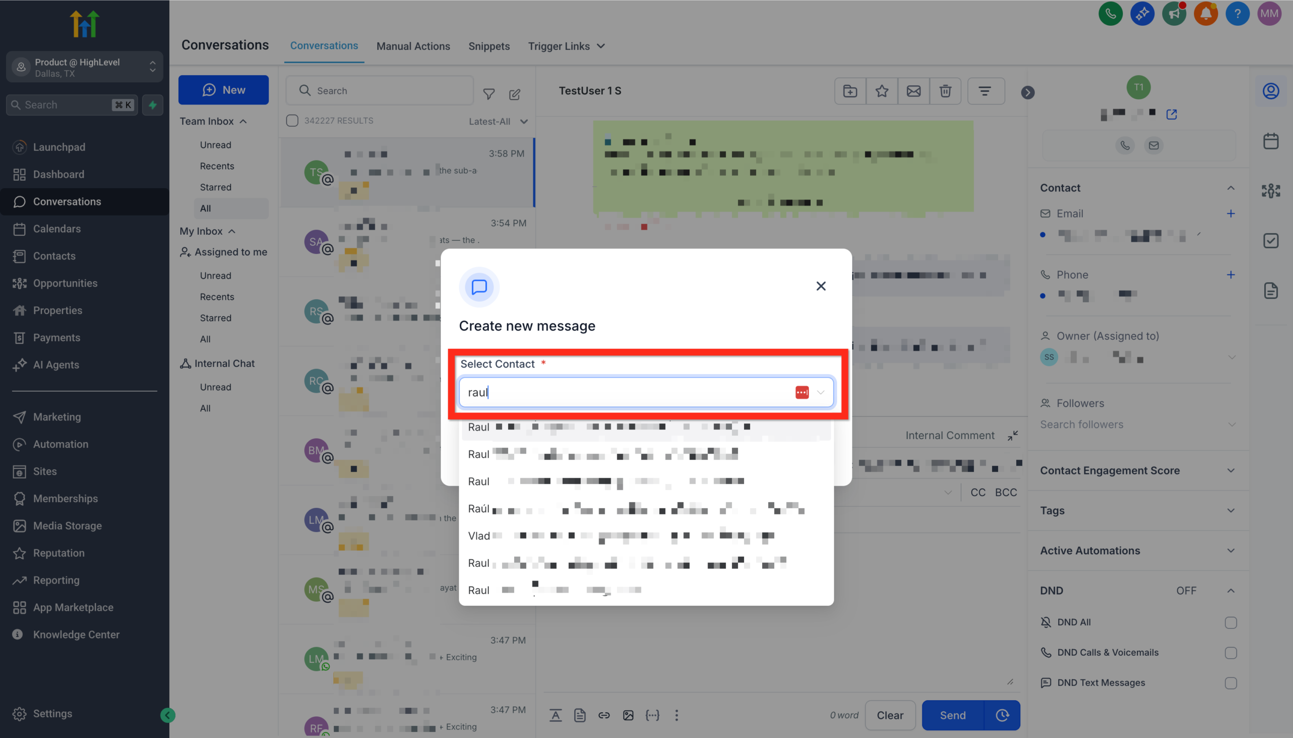 GoHighLevel New Direct Message modal displaying a list of contacts to choose from, with the Continue button highlighted.