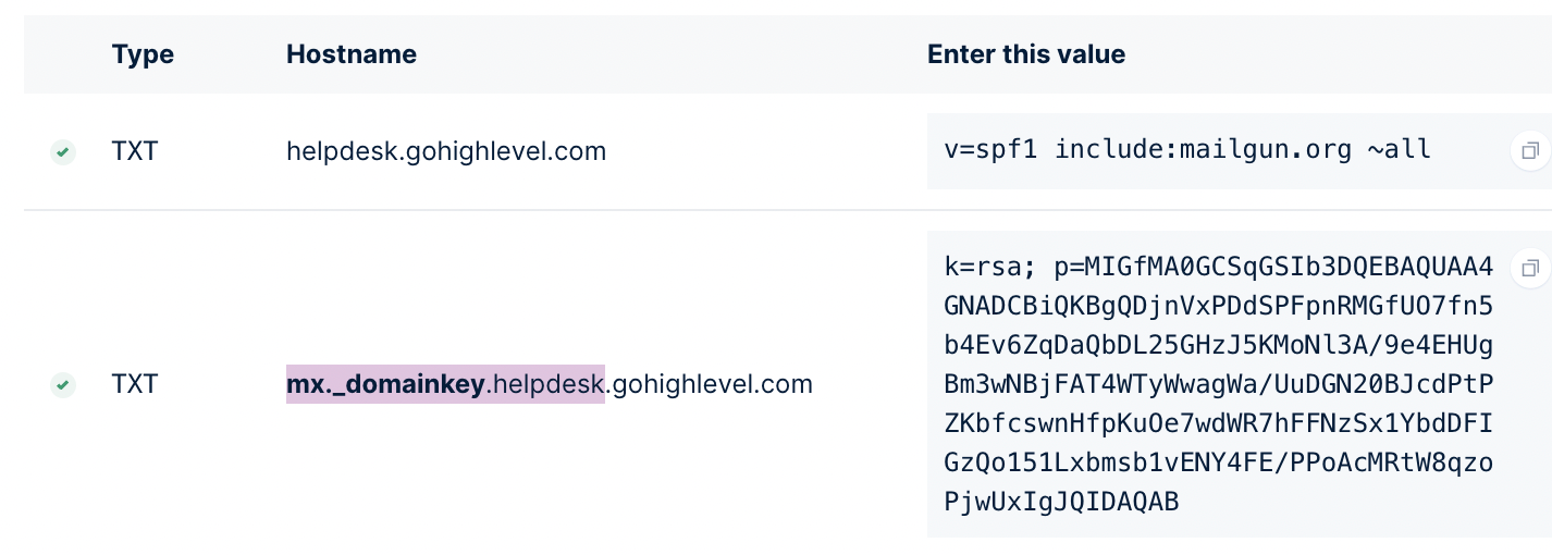 Mailgun DNS record display showing a DKIM host name for a subdomain, with the relevant part highlighted for copying.