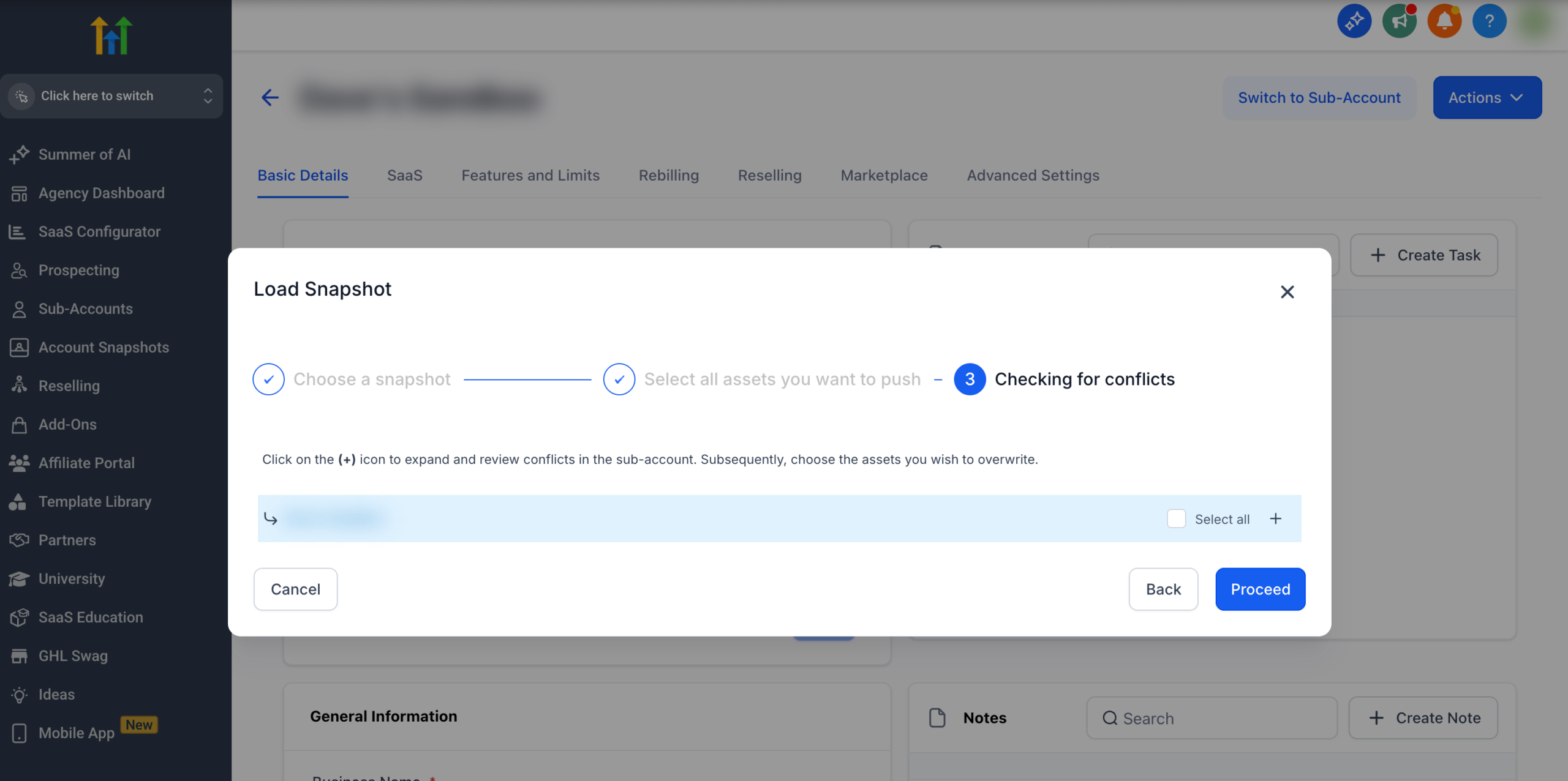 Screenshot of the GoHighLevel 'Resolve Conflicts' screen, showing a list of conflicting assets with 'Override' and 'Skip' options for each, and the 'Proceed' button at the bottom.