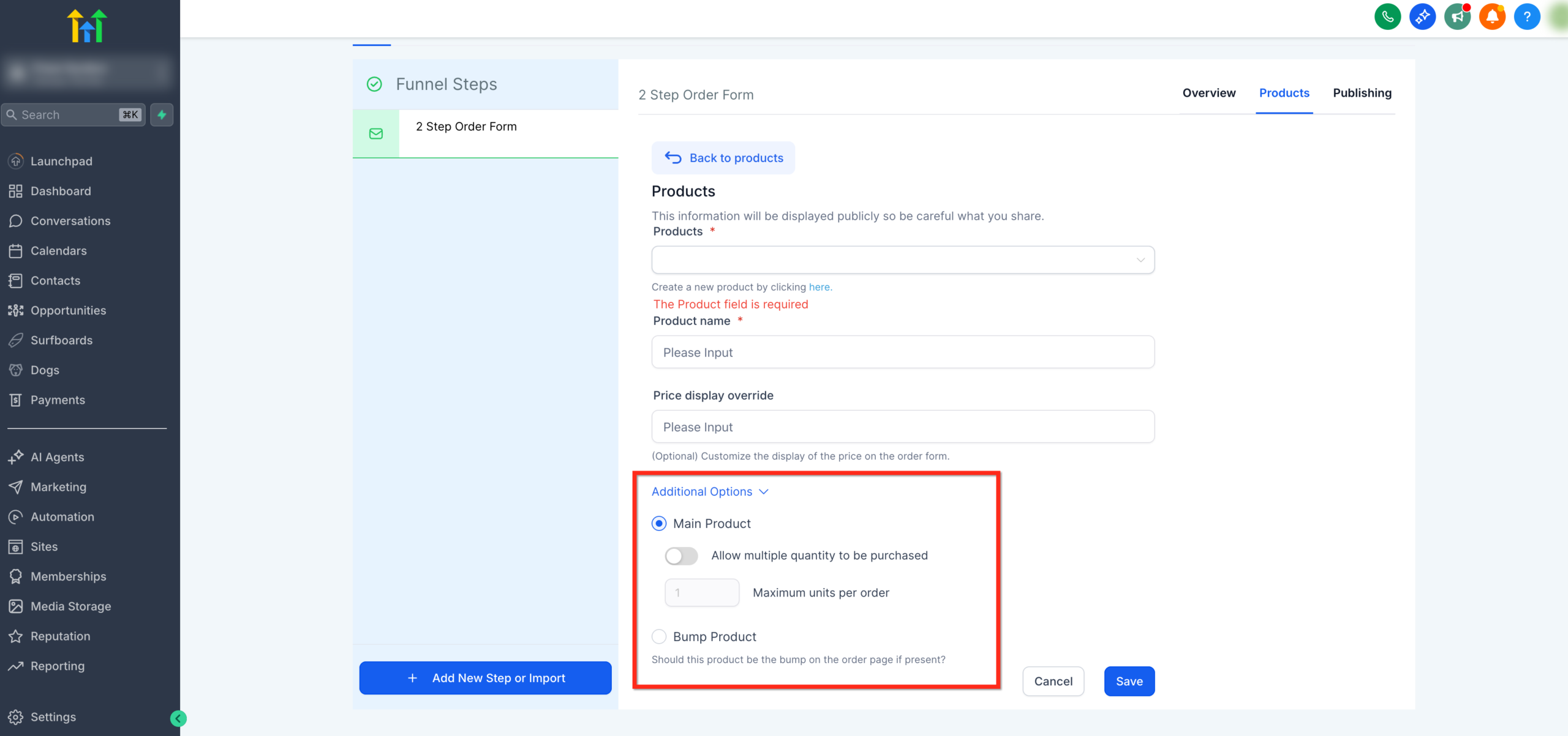 Screenshot showing additional product options in GoHighLevel, such as allowing multiple quantities, setting max per order, and marking as main or bump product.