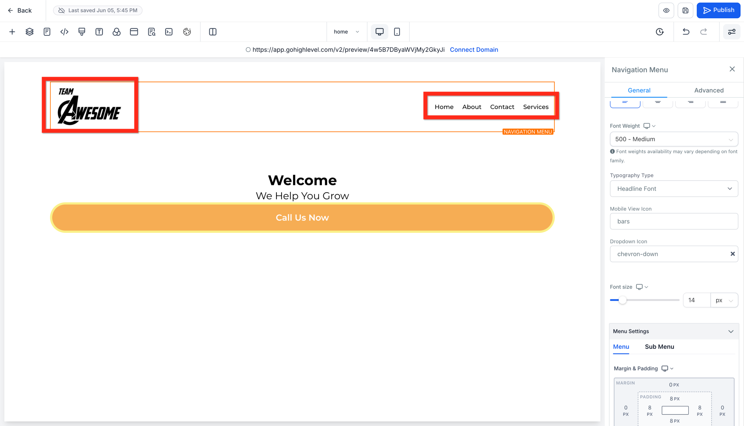 GoHighLevel navigation menu settings panel, highlighting the option to upload a logo for the menu.