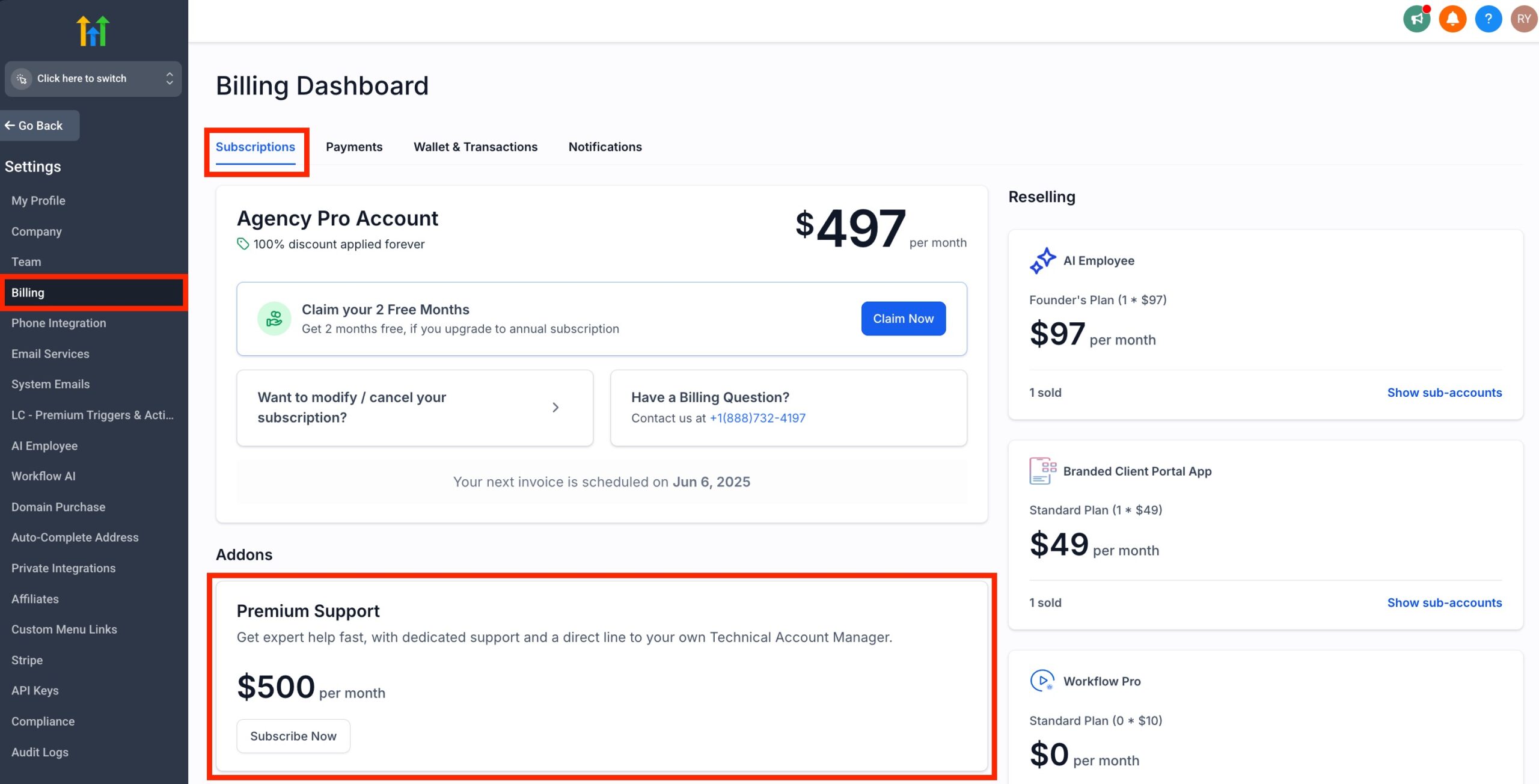 GoHighLevel Premium Support Subscription Screenshot showing the GoHighLevel agency dashboard settings, with 'Billing' selected and 'Premium Support' add-on highlighted, along with the 'Subscribe Now' button.