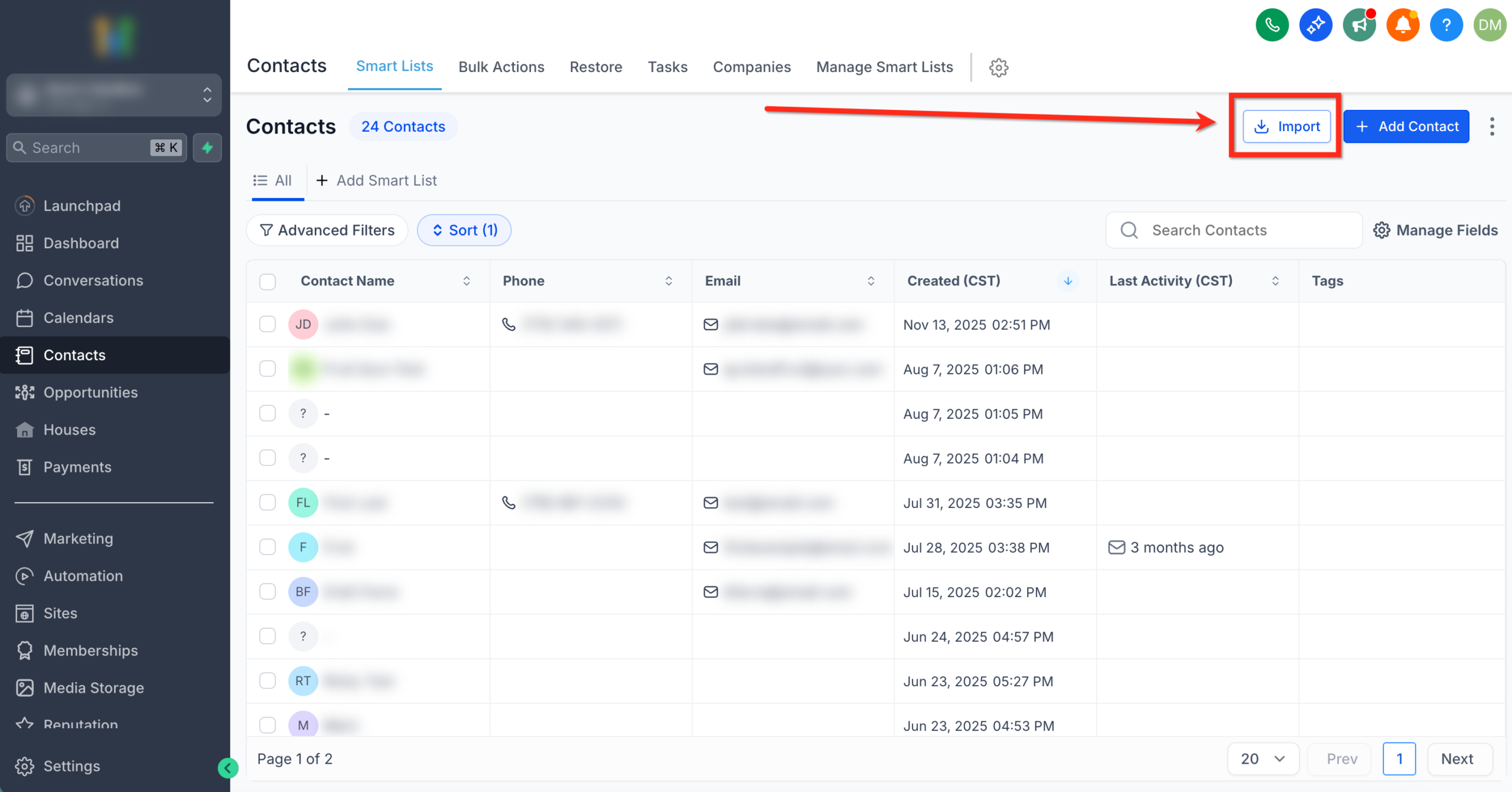 Screenshot showing the 'Import' button in the Contacts section of <a href=