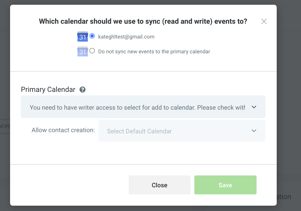 Google Calendar Writer Access Error Message Screenshot displaying the Google Calendar writer access error message indicating insufficient permissions