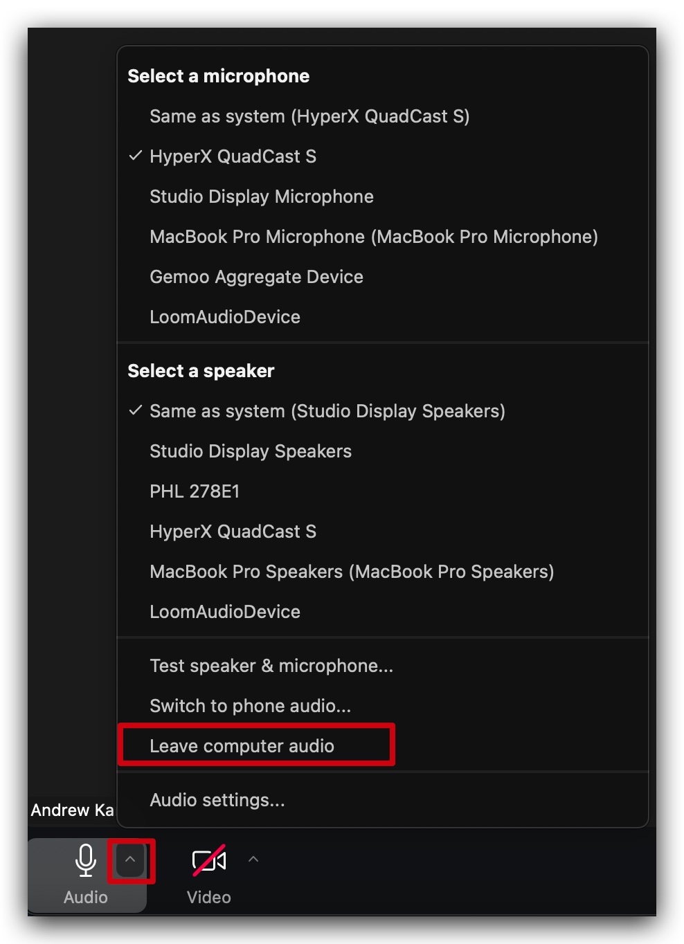 Zoom meeting controls showing the option to 'Leave Computer Audio' from the microphone dropdown menu.