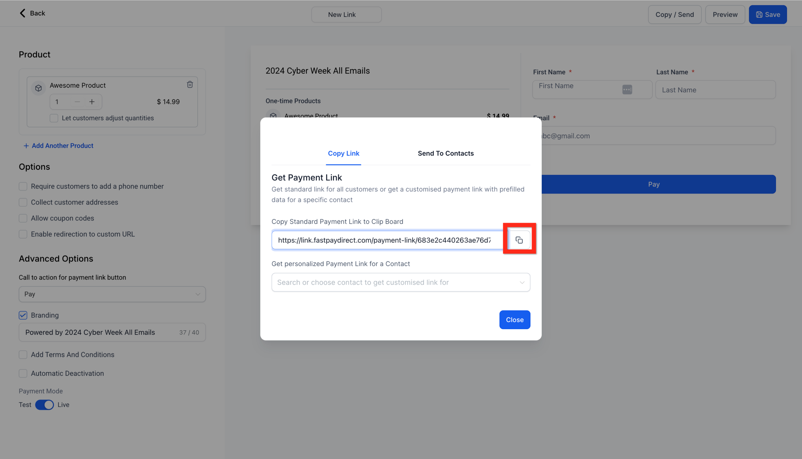 Screenshot illustrating the 'Send' options for a GoHighLevel payment link, including generic, personalized, and direct sharing to contacts via email or SMS.