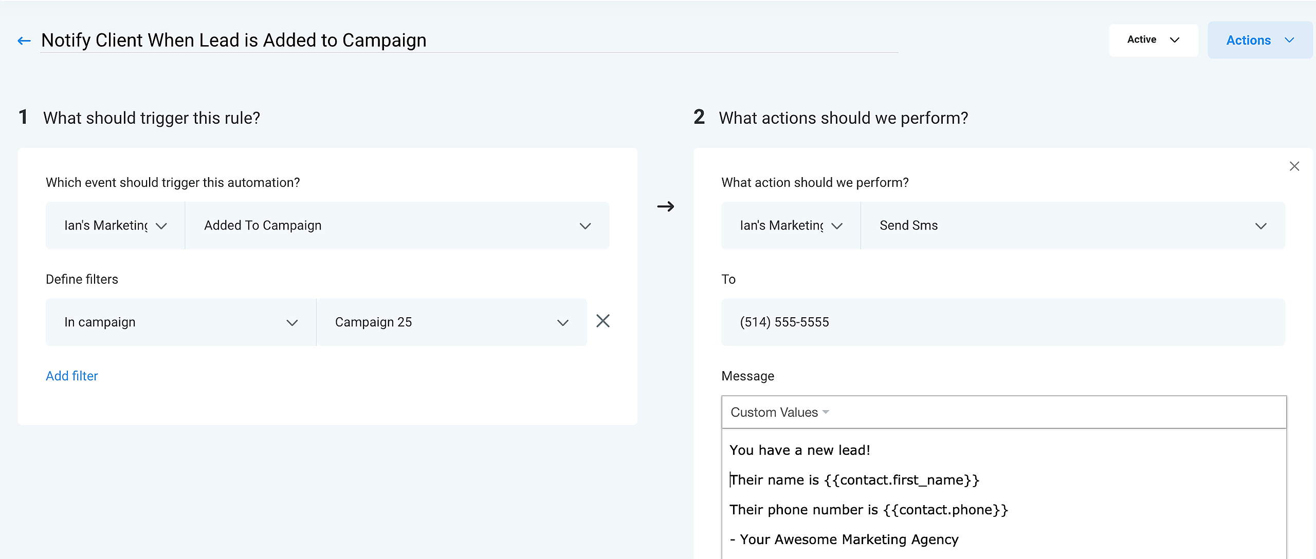 Flowchart illustrating a GoHighLevel trigger for a new lead from a form, showing the event 'Form Submitted', a condition 'Tag equals Lead', and actions like 'Send SMS', 'Create Opportunity', and 'Send Internal Notification.'