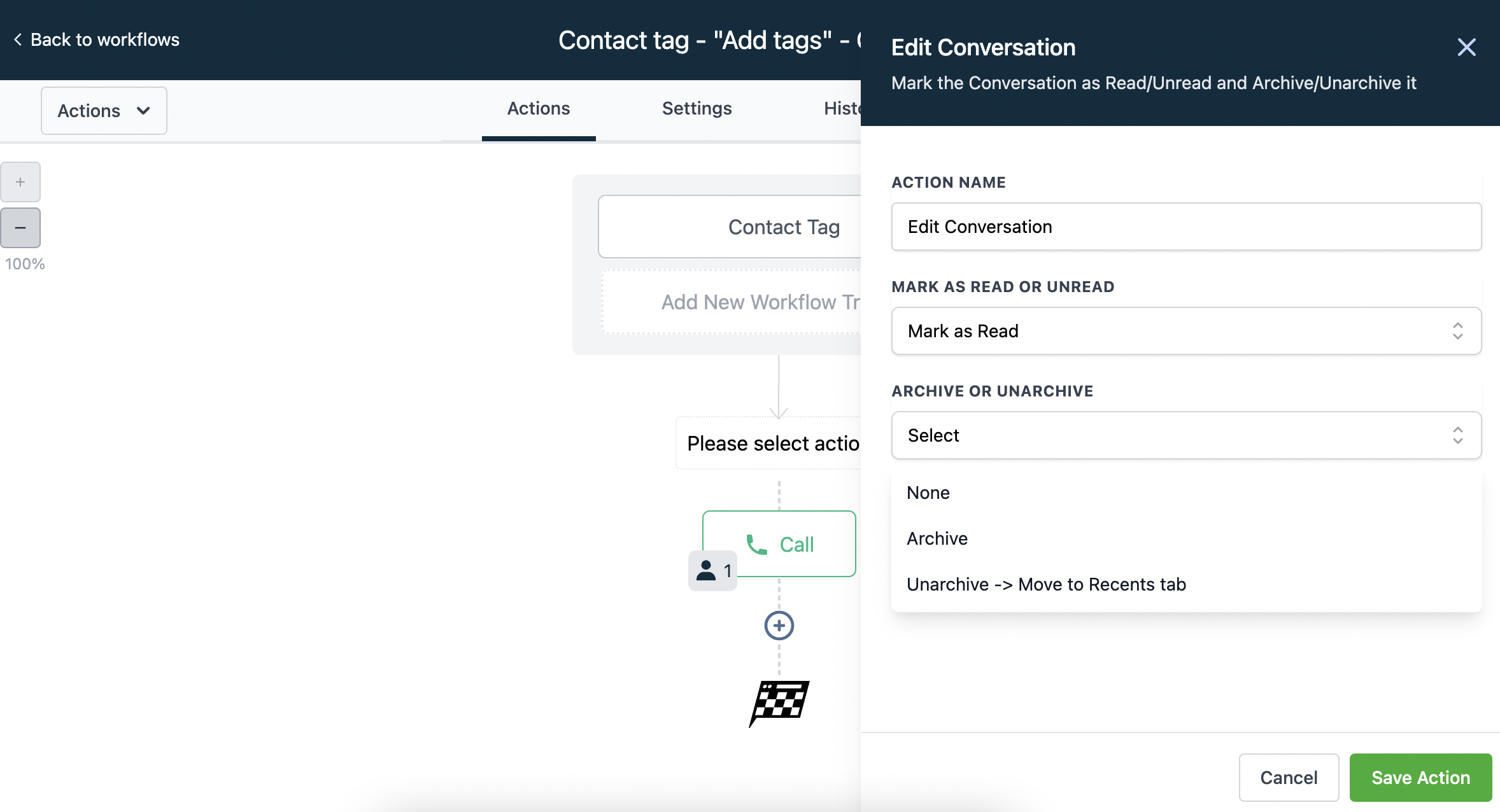 Screenshot showing a GoHighLevel workflow action named 'Edit Conversation', likely within a workflow builder.