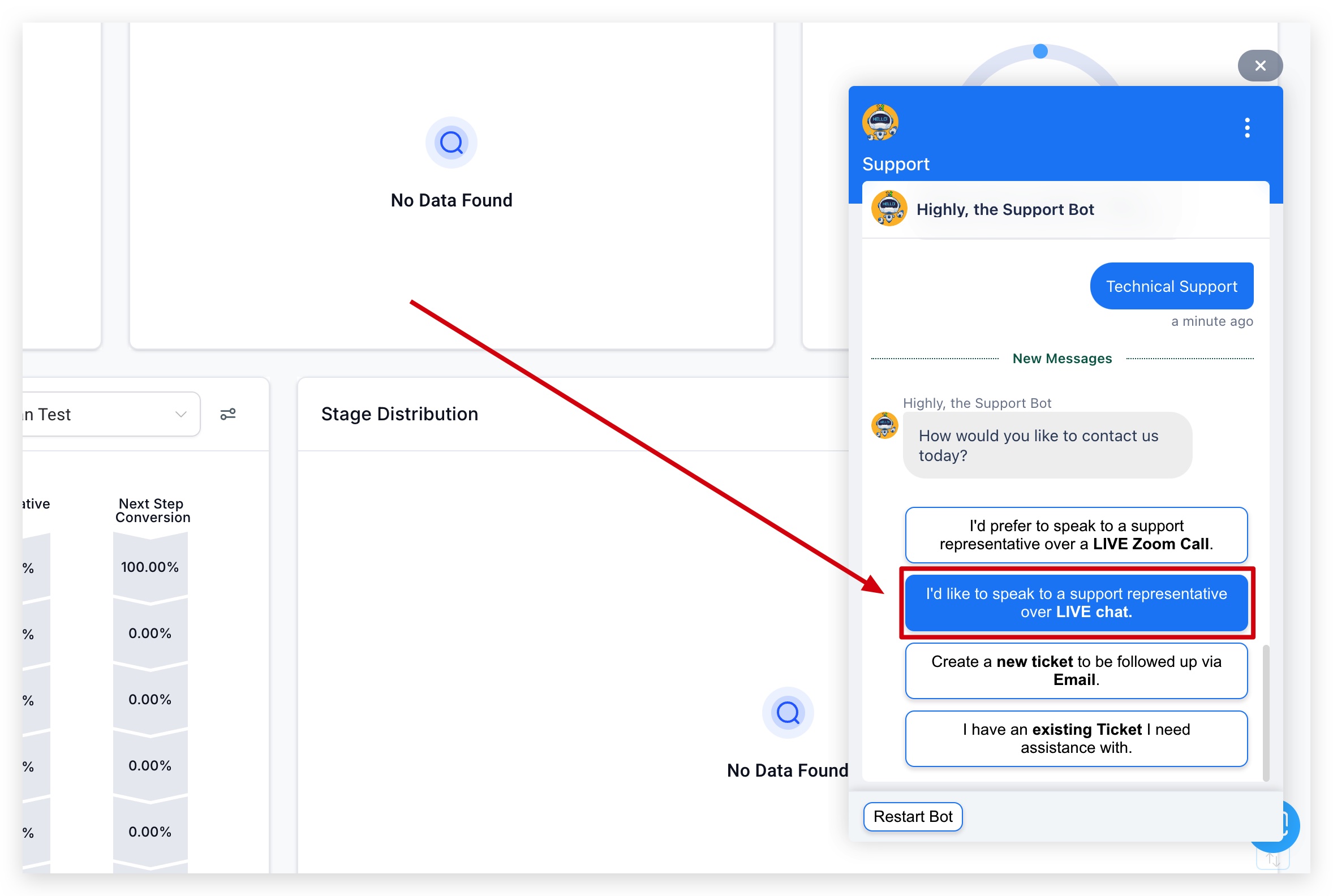 GoHighLevel Live Chat Screenshot of the GoHighLevel live chat interface within the application, showing an ongoing conversation with a support agent.