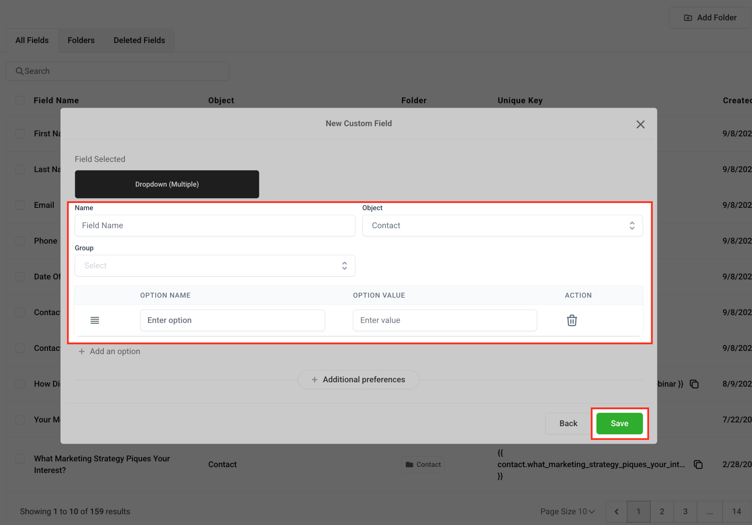 Screenshot of the custom field configuration details and save button
