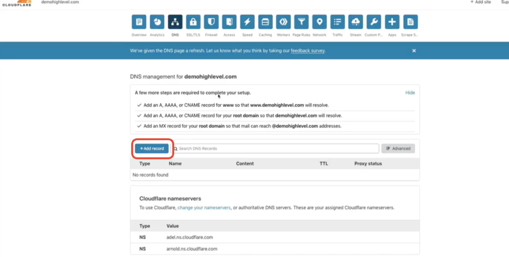 Cloudflare DNS Records page with Add Record button highlighted