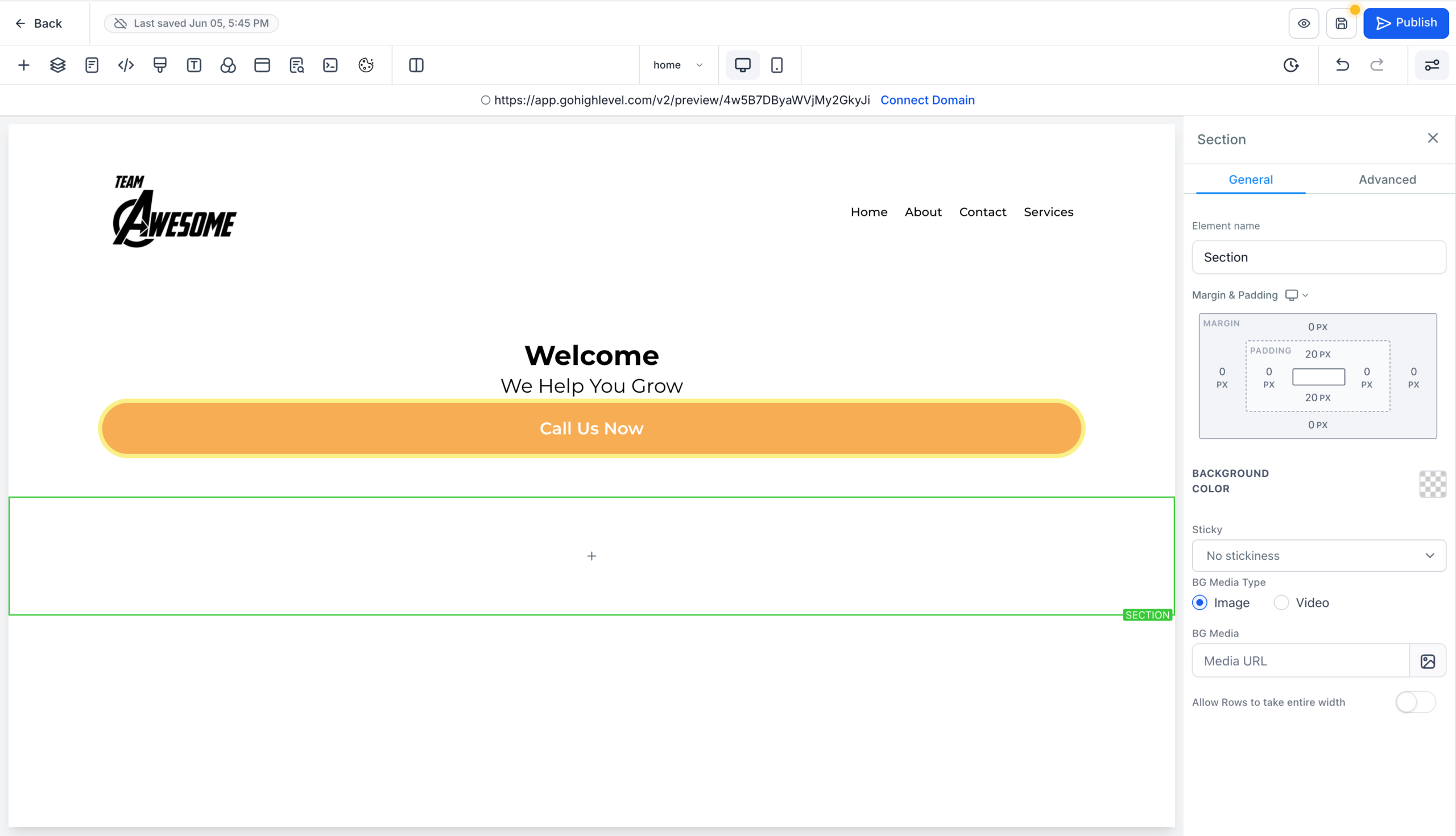 GoHighLevel website builder showing how to add a new full-width section at the bottom of the page, typically for a footer.