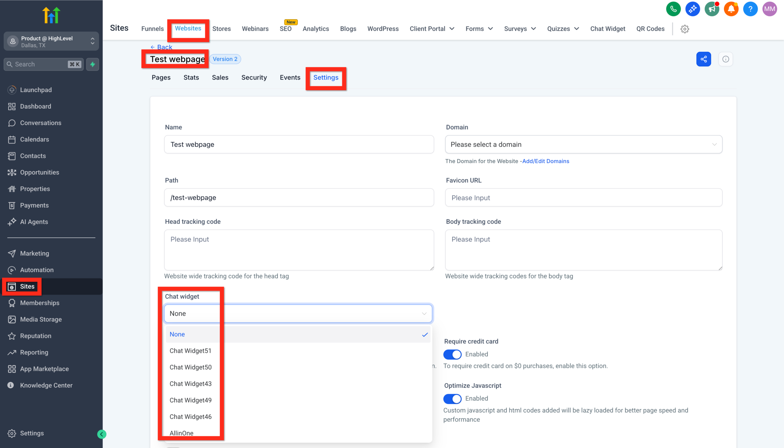 Screenshot of GoHighLevel website settings, displaying the 'Chat Widget' section with a dropdown menu to select an existing live chat widget.