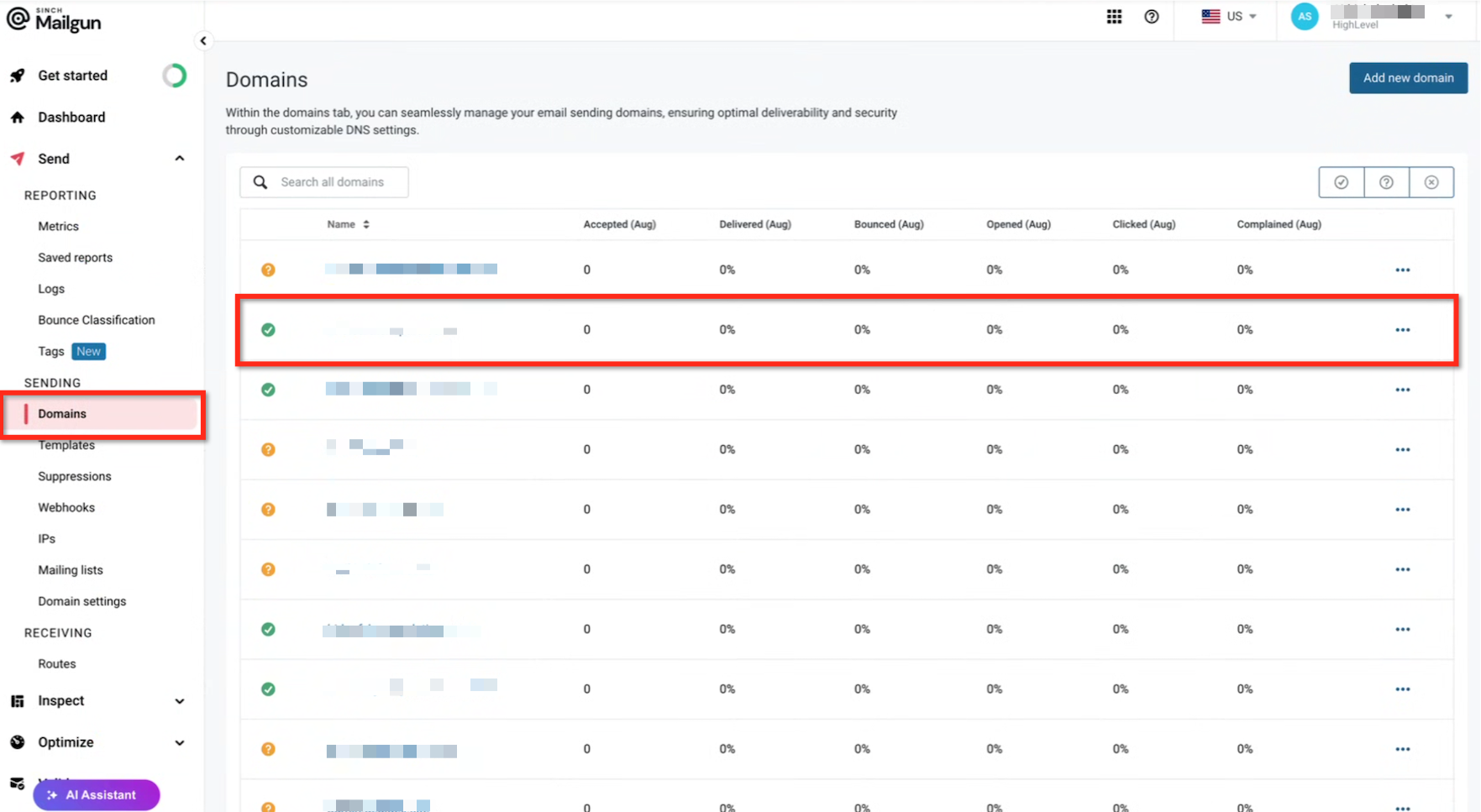 GoHighLevel Mailgun API Key Configuration Screenshot of GoHighLevel Email Services settings showing Mailgun selected, an API key field, and a domain dropdown.