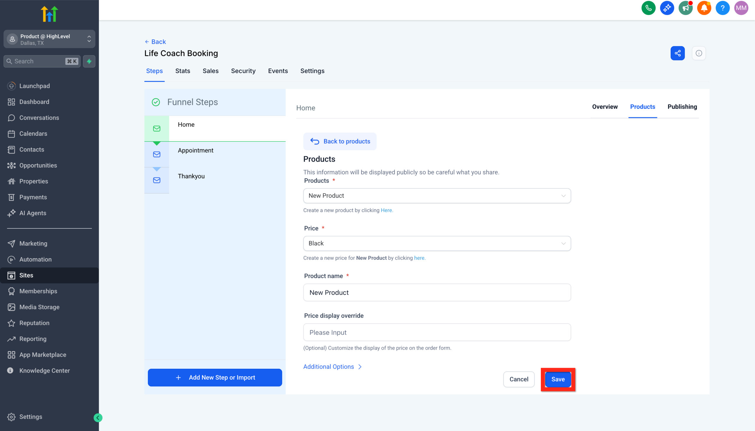 Screenshot of the product configuration details within a funnel, showing options to select the product, price, and quantity, with a 'Save' button.