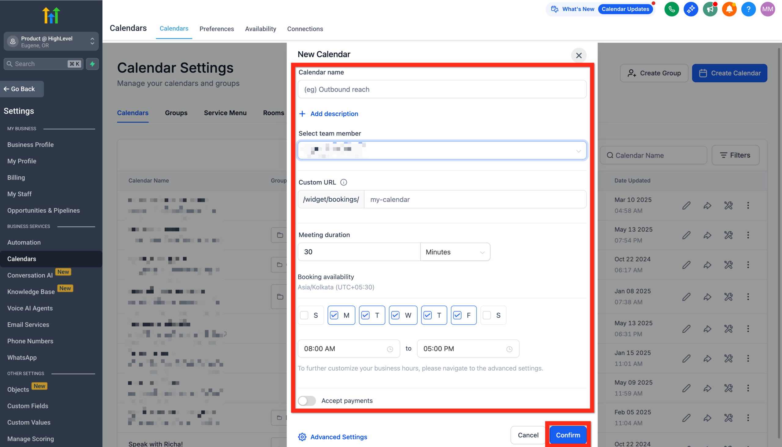 Screenshot of the HighLevel calendar setup form, showing fields for calendar name, host selection, custom URL, appointment duration, and available hours before confirming.