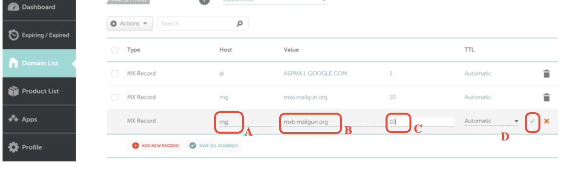 Namecheap Second Mailgun MX Screenshot of Namecheap DNS entry fields with the second Mailgun MX record details