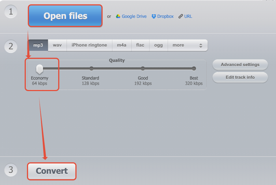 Online Audio Converter Settings Screenshot of an online audio converter showing options for selecting audio quality, highlighting the 64 kbps setting for voicemail compatibility.