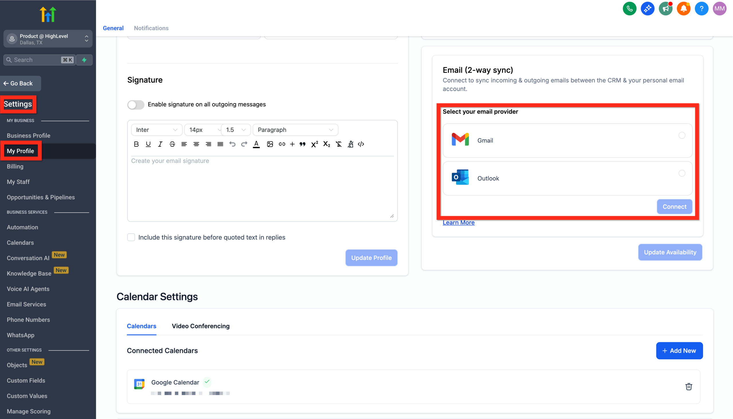 GoHighLevel My Profile settings showing the Email (2-way sync) section with Connect buttons for Gmail and Outlook.