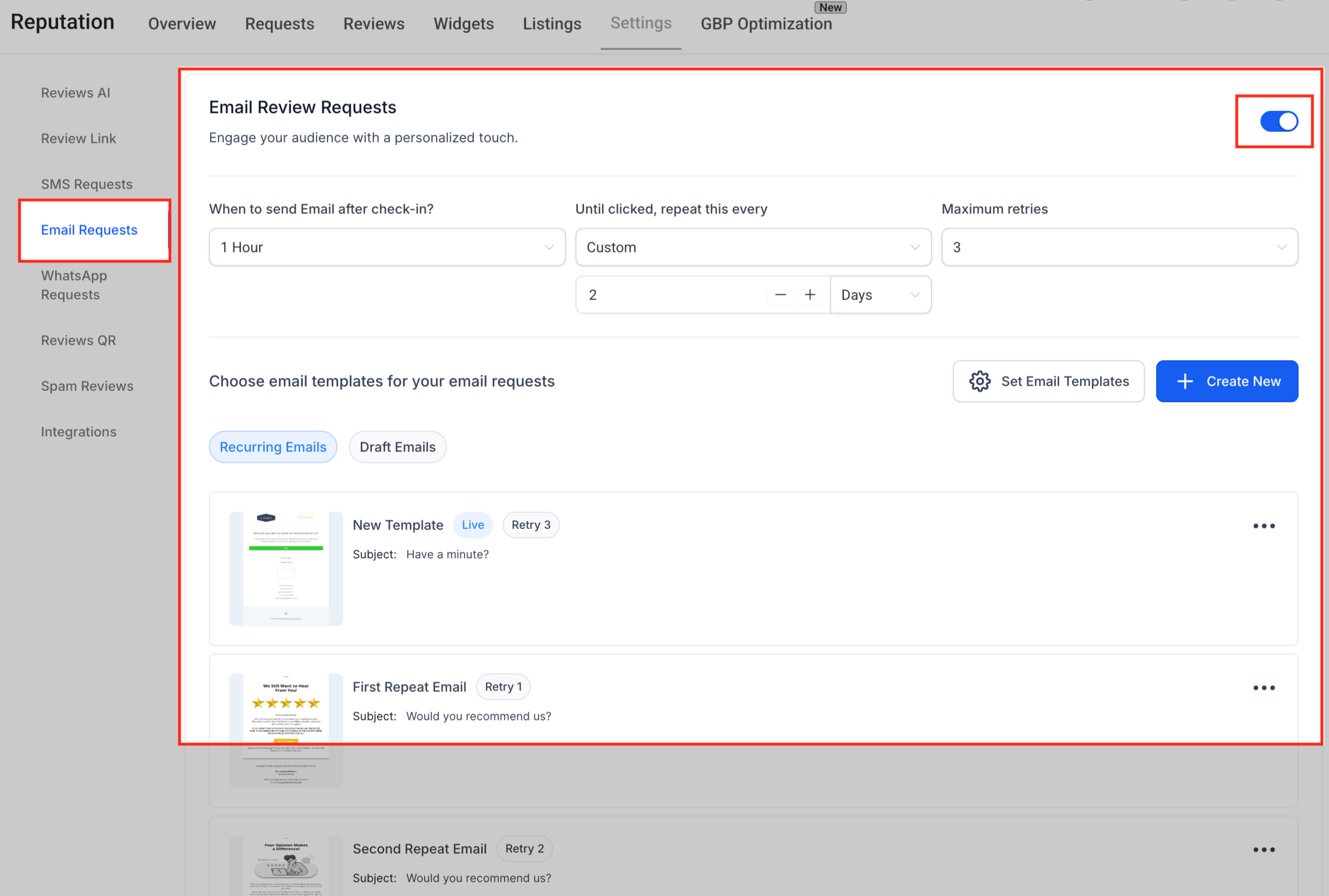 Email Request Cadence Setup Screenshot of GoHighLevel Email Request Cadence Setup, highlighting timing, retry frequency, and maximum retries.