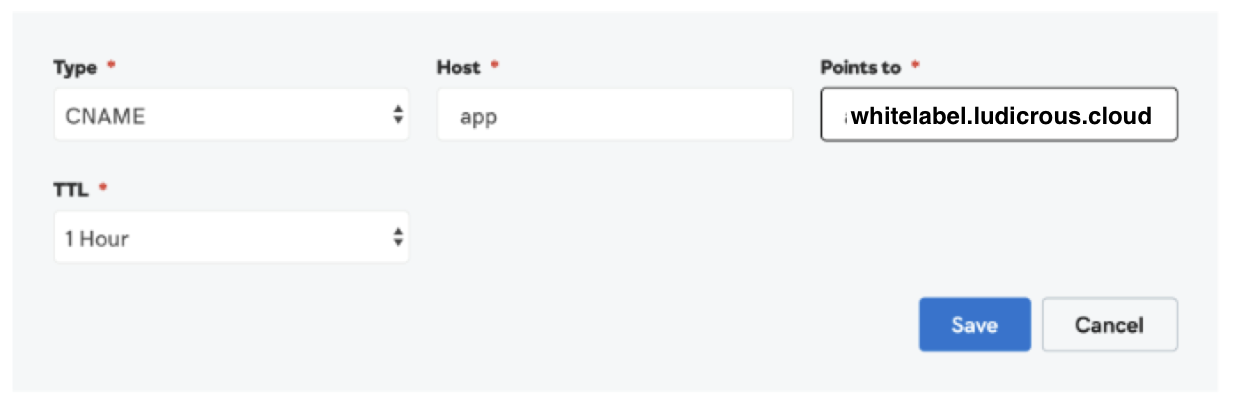 Screenshot of a DNS management interface showing how to create a CNAME record with host 'app' and target 'whitelabel.ludicrous.cloud'.
