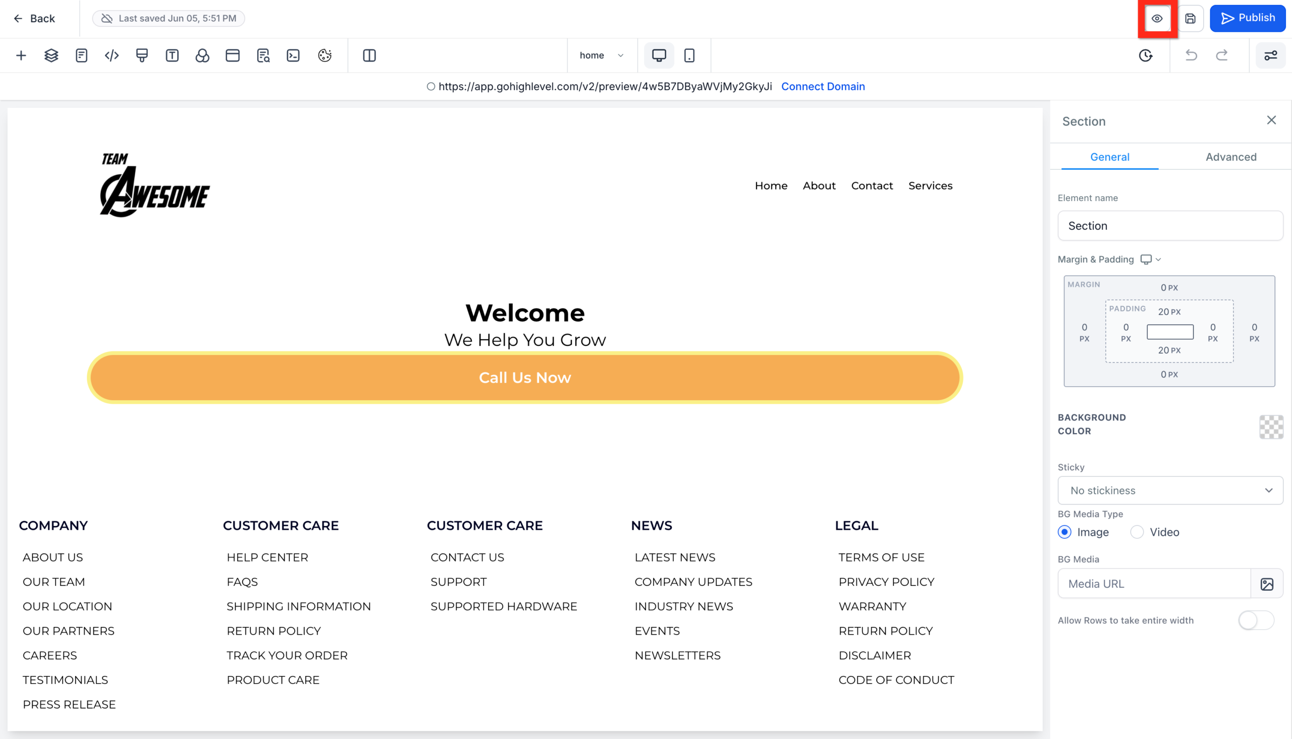 GoHighLevel website builder's top bar, highlighting the 'Preview' icon (eyeball) to view the page in a new tab.